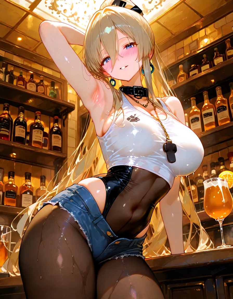 (from below:1.2),(from side:0.9), ((Face)), (Close-Up:0.4), masterpiece,"A 26-year-old girl stands at a bar counter. She is dressed in a stylish. small breast: 1.3  off-shoulder dress, sweater dress, off-shoulder sweater, red sweater,garter stocking, cleavage:1.1, midriff, black shorts, black thighhighs, thigh strap, pretty girl, (highly detailed beautiful face and eyes,firm breasts),real skin,((black,hair,long pony tail hair)),thin pubic hair,cute and lovely pose, detailed eyes, This masterpiece is only visually stunning but also tells,(double breasted:0.6,under bust:0.6),(with sparkling eyes and a contagious smile),open mouth, The bar is beautiful, with colorful bottles of alcohol in the background and a soft glow from neon lights. The atmosphere is relaxed, and the girl looks confident and fashionable.",full body, sexy pose,make a cocktail , in a bar counter, Looking at Viewer,
