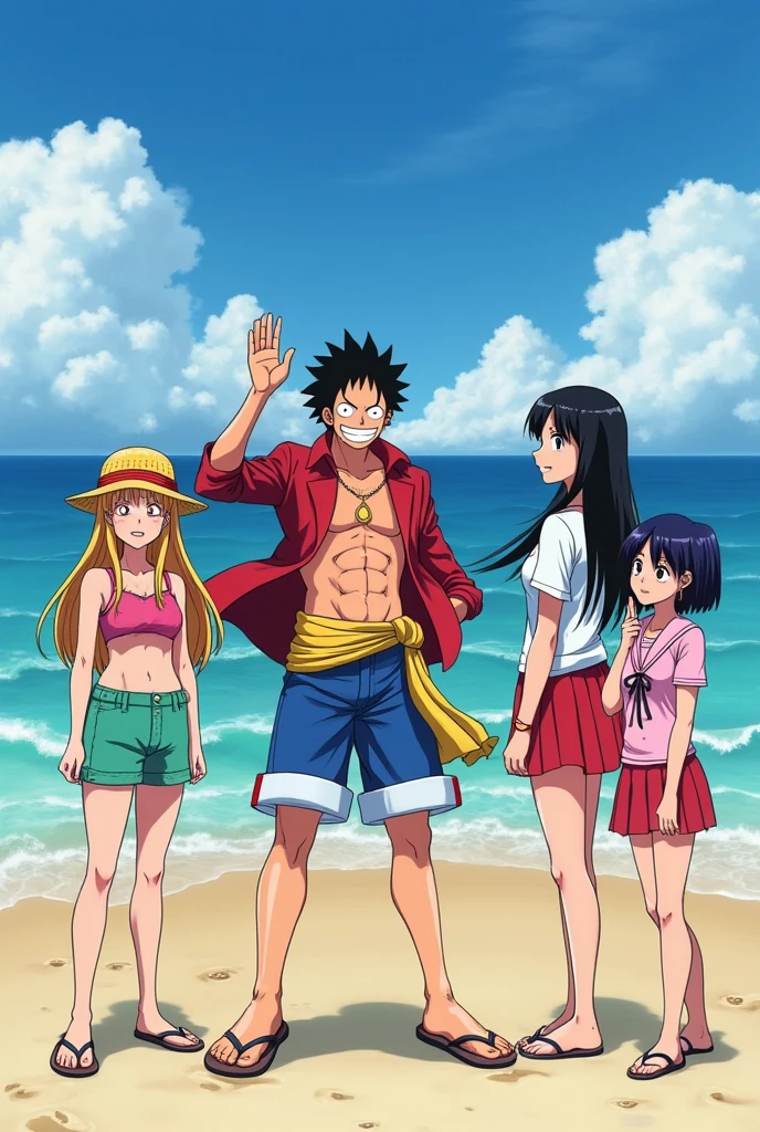 a man in black shorts together with a woman with a red bikini with big breasts, on a beach
