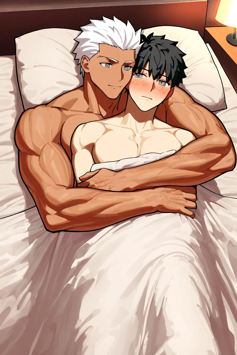 1 girl, pixie cut, short girl, white hair, very short, white eyelashes, purple eyes, Japanese, huge breast, sexy, full body, fit body, very white skin, white bathrobe, laying in bed, teasing, seductive, tongue kissing, touching, 1 boy, tall boy, Long black hair, red eyes, fit body, white long sleeve polo, rolled up sleeves, black pants, size difference, touching boob, bed, big bed