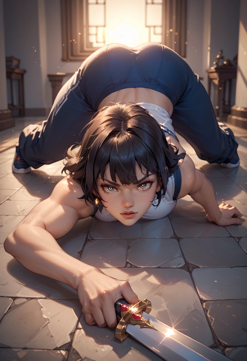  beautiful detailed eyes, beautiful detailed lips, extremely detailed eyes and face, long eyelashes, best quality, 8k, 12), 1 girl, Toph BeiFong,  ultra detailed, Detailed lips, Young, blind, bun hair, ???? body, flat torso, shy, clean skin, full body view, nipples, cartoon style, pussy, on fours, pussy juice, ass, spread ass, back view, ass focus view, bending over, 