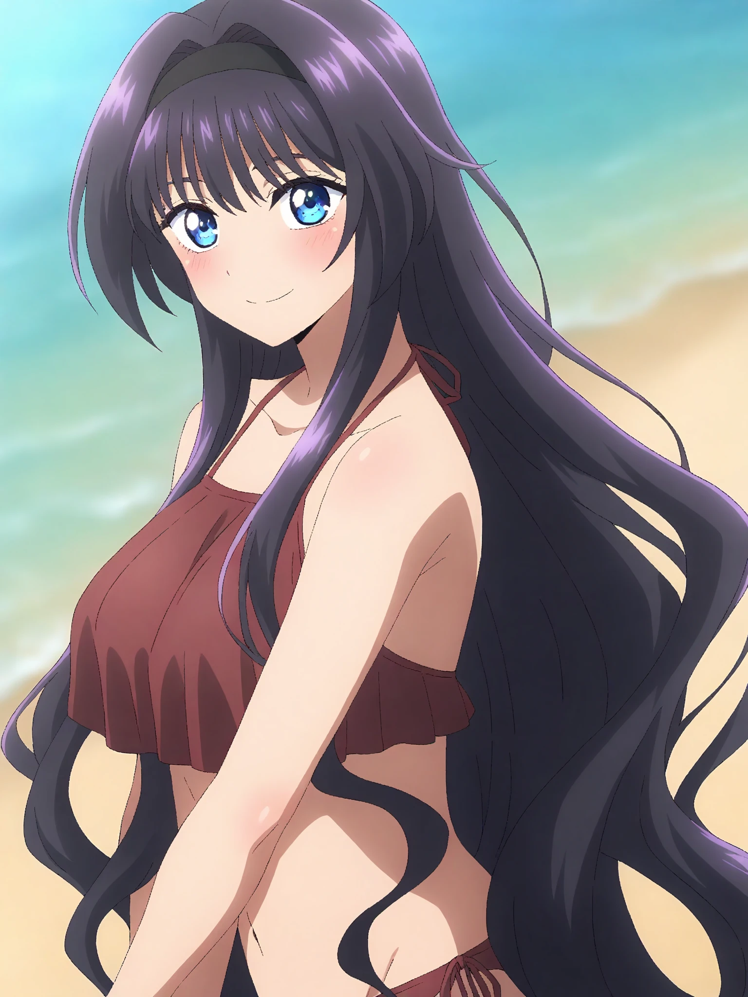 32k, best quality, ultra high res, HDR, UHD, extremely detailed CG, unity 32k wallpaper, very cute, 16-year-old girl, 1 person, Purple eyes, (Black competitive swimsuit), Beach, Long black hair, (medium breasts), smile,