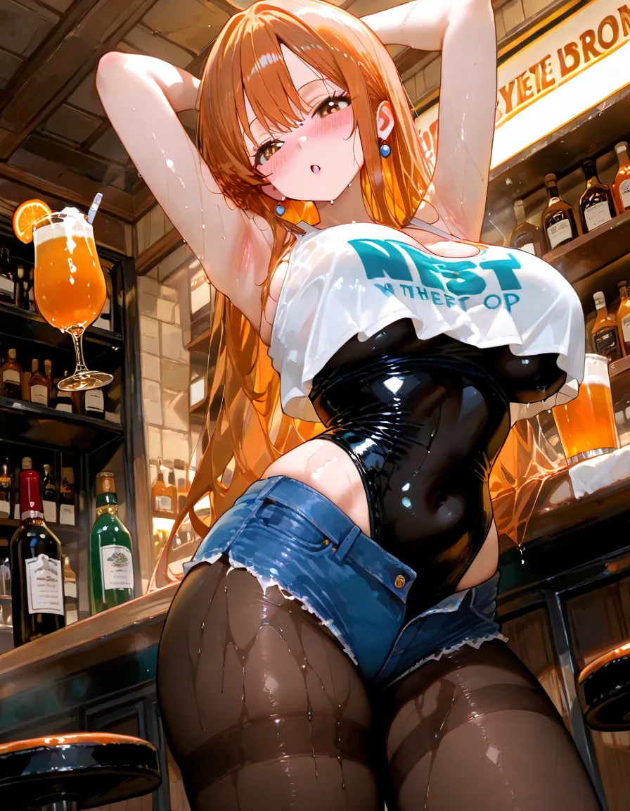 woman wear hooters logo orange and black latex shorter waitress hold beers service ??????? show nipples