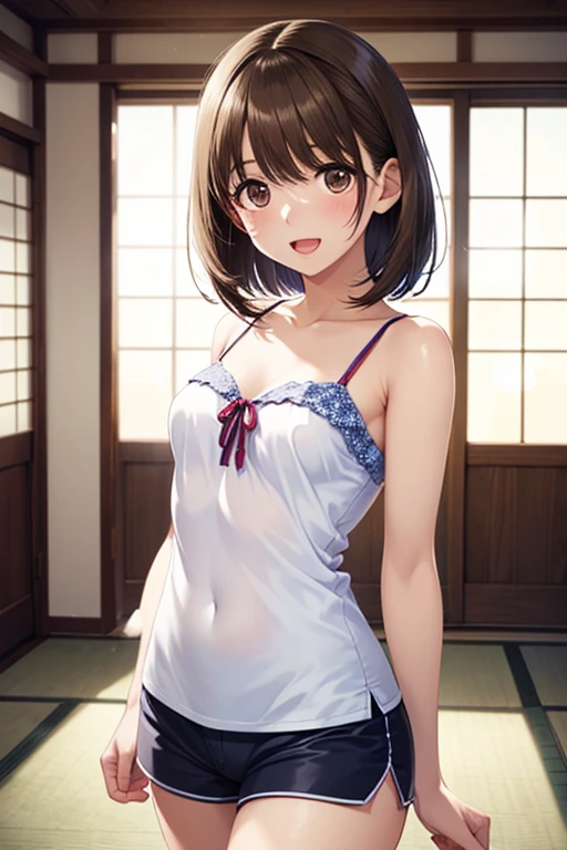 anegasaki nene、Shiny brown hair, short hair, (Beautiful brown eyes、Sparkling eyes, Fine grain)、smile、Ultra-detailed eyes、Highly detailed face, Highly detailed eyes,Cowboy Shot、



(masterpiece, Highest quality:1.2),  One person, alone, alone focus, short hair, smile, View your viewers, 
camisole, mini skirt, Pokies,