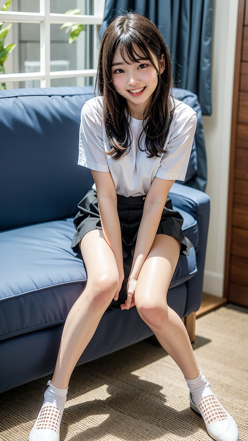 (RAWphotograph, Highest quality, Tabletop: 1.2), (photograph: 1.4), whole body, shoes, Cute Japanese Face, ((18-year-old)), (((small: 1.6)) chest,), (Naked Apron, Open Side, Short skirt, mini skirt, Thin legs, 白いshoes下, School Loafers), Standing pose, whole bodyショット, sight (smile),Skirt rip,Interstrand,Shaven