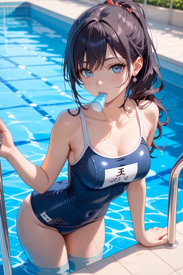 ((Top Quality)), ((Masterpiece)), ((Detail)), Perfect face, Perfact bodty, sitting on the swmming pool, listening to music, wearing headphones, wearing swimsuits, swimsuits are transparent, legs open Sitting wide open, wearing tight clothing (yes, buttocks and breasts are exposed). I see a face, one women