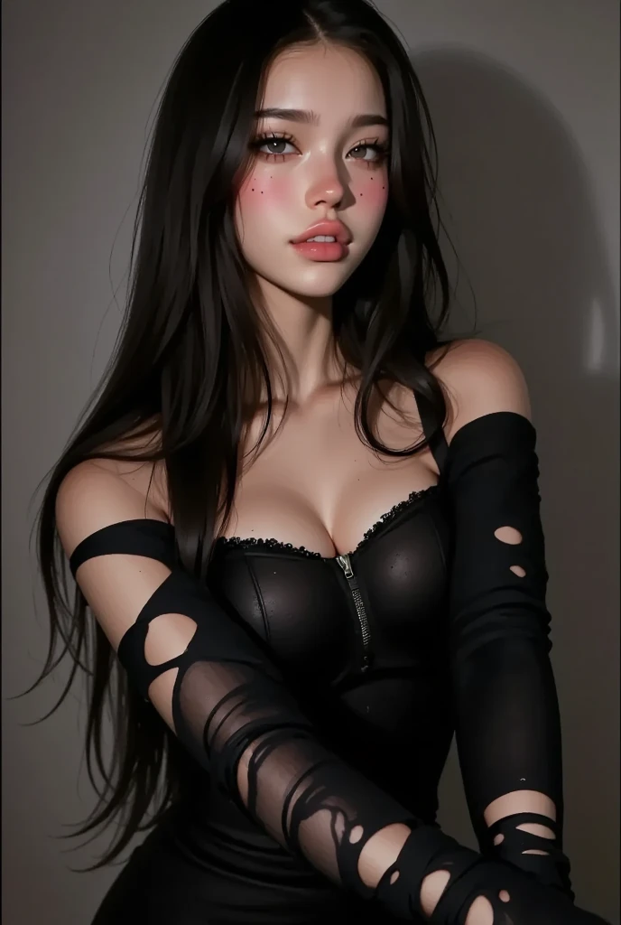 accessories，Gothic style，Quiet，Light makeup，Sexy，Peerless Beauty，Intellectual，clavicle，Neat long hair，Black Hair，Delicate face，Exquisite facial features，Sexy blue striped sweater，Full breasts，Navel，Navel，Stand Up Straight。