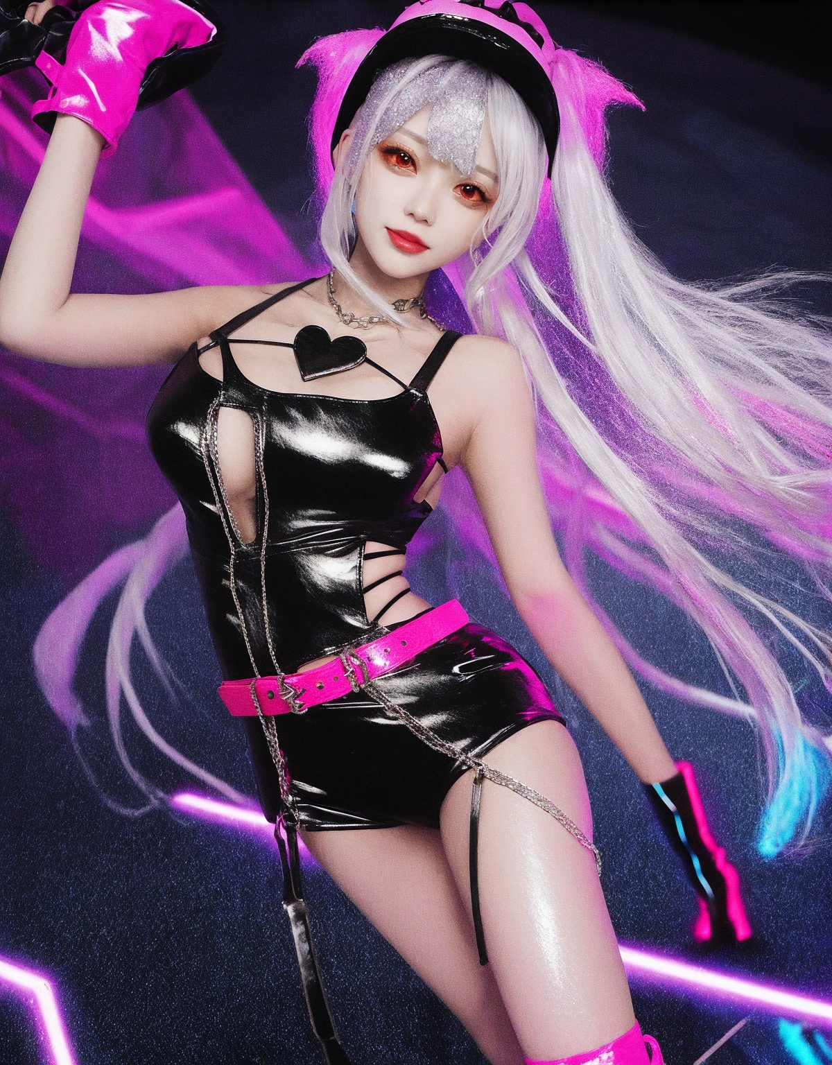 A white-haired anime girl in a fishnet dress and bunny ears stands in front of a neon-lit background.