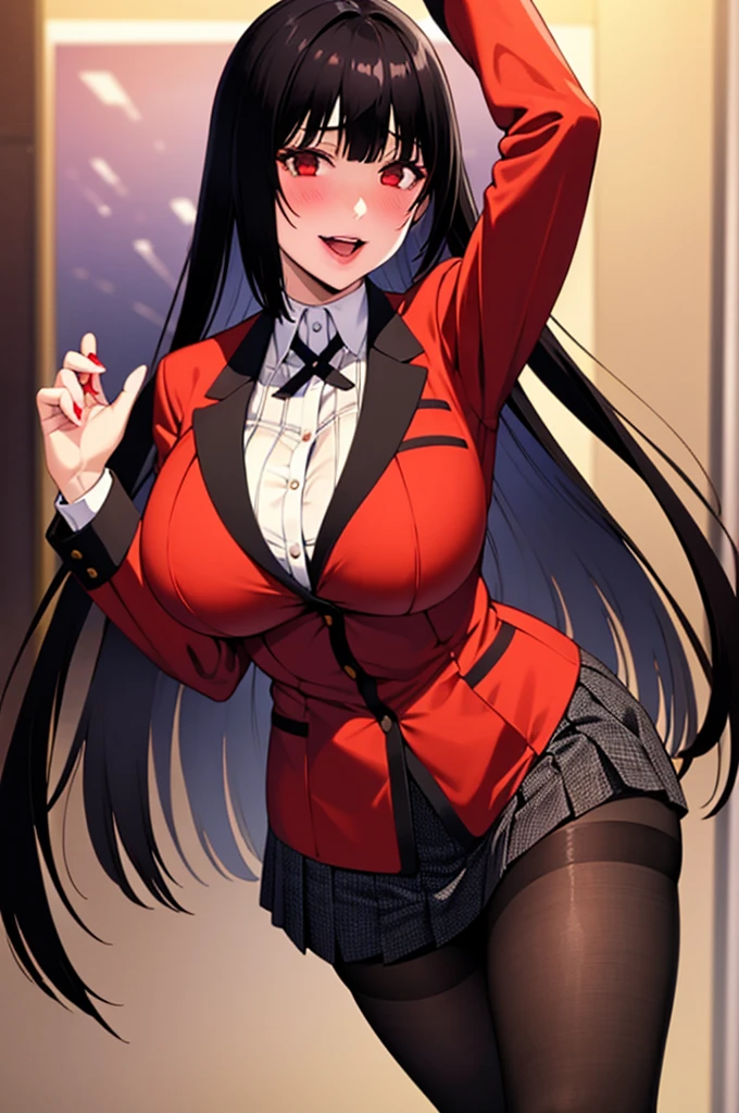 High resolution、masterpiece、1 girl, Jabami Yumeko,hmjy1 long black hair,red eyes,blush,sexy body,((uniform, red jacket)), Red blazer with black trim on cuffs and collar lining, White button-up dress shirt and black tie, Black and gray plaid miniskirt, black tights, And brown loafers. , cowboy shot,beautiful body,perfect eyes, perfect face,Expressive eye masterpiece:1.0),(Highest_quality:1.0), cute lol face, , beautiful and bright lighting, ,Slender beauty:1.4, slim abs, tight waist, (笑face:1.2), slender and long beautiful legs,,超High resolution,4k,super detailed, photograph, 8k, HDR, High resolution, film grain, Lens flare, (lively_color:1.2), (beautiful_face:1.5),(narrow_waist), exquisite visuals, Highest quality,18-year-old、expensive,evil lol face