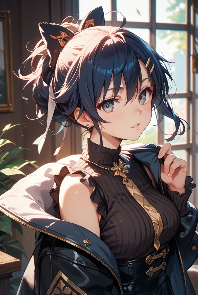 Anime style beutiful woman, 1girl,fullbody, happy, (with sparkling eyes and a contagious smile:1.2), red face, closed mouth, beautiful detailed eyes, super detailed skin, backlighting, bare shoulders, black background, black dress, black gloves, black hair, breasts, dress, earrings, fingerless gloves, floating hair, floral print, flower, gloves, gold earrings, gold hairband, hair flower, hair ornament, hairband, holding, holding weapon, jewelry, large breasts, long hair, looking at viewer, off-shoulder dress, off shoulder,red eyes, short hair with long locks, sidelocks, solo, spikes, thighs, two-sided dress, two-sided fabric, weapon, fighting stance , face, close up, from above, highest quality, high resolution,Real World, Natural light,perfect Natural light,looking at viewer,