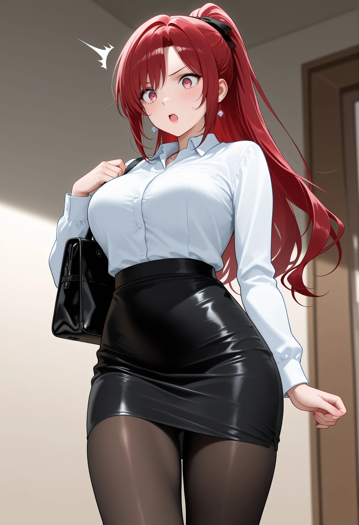 ((masterpiece, best quality)), highres, beautiful angry business woman looking at viewer, black midi pencil skirt, long pencil skirt, white blouse, heels, full body, wavy crimson hair, wide hips, office building, door, hand on hip
