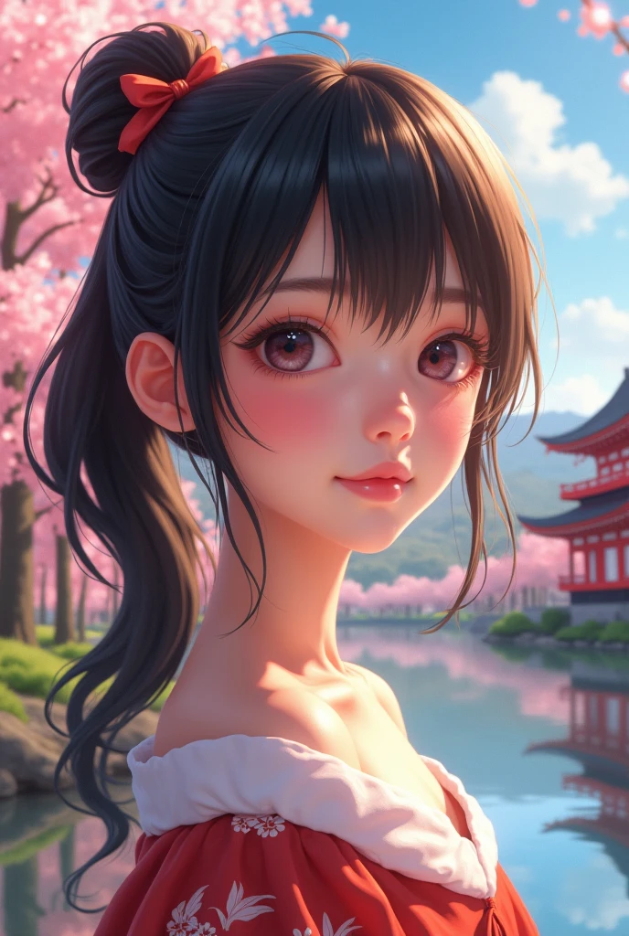 yamashiro768, black hair, hair ornament, modern decor,cozy atmosphere,relaxing vibes,urban backdrop,dreamy ambiance, huge breast, hair ornament, magical aura, enchanting beauty, mystical setting, enchanting artwork, intricate details.sweating, 1girl, branch, solo, flower, holding, collarbone, pink_flower, tree_branch, japanese_clothes, looking_at_viewer, steaming body,