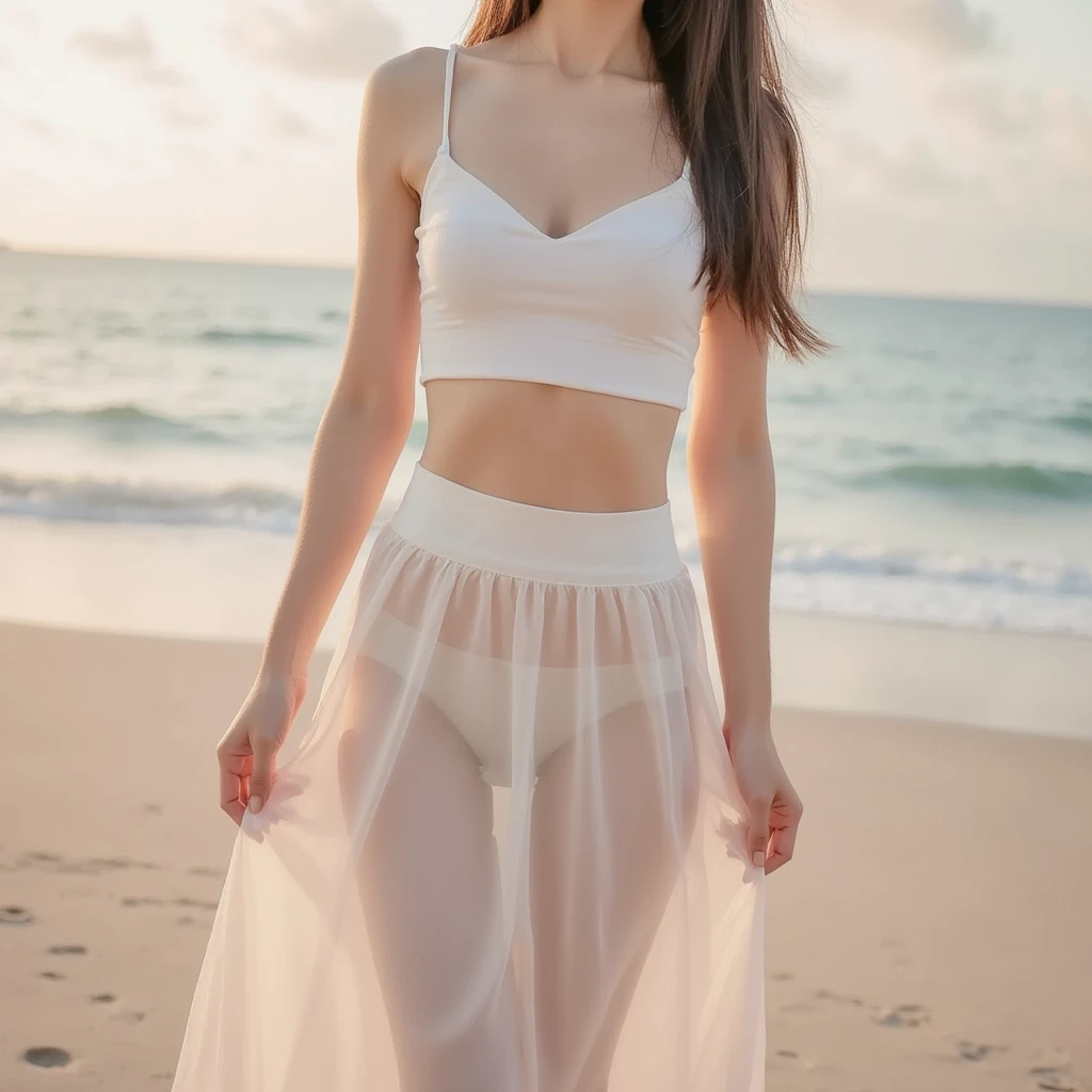 The sea shining in the morning sun , (Sexy white micro blouse and white tight skirt: 1.2), Tropical islands, Palm trees,straight hair,Longhaire, Dark blue eyes, 1 girl, 20 years old, (Intricate details: 1.2), (Detailed eyes), long upturned eyes,(A detailed face), beautiful Smile,fine-textured skin,flushed cheeks,Medium chest,slender body shape, tight waist,small ass, thin and long legs,the visible part of someone's thighs between their skirt ,beautiful hands,,thin shoulders,Look at viewers,dynamicposes,