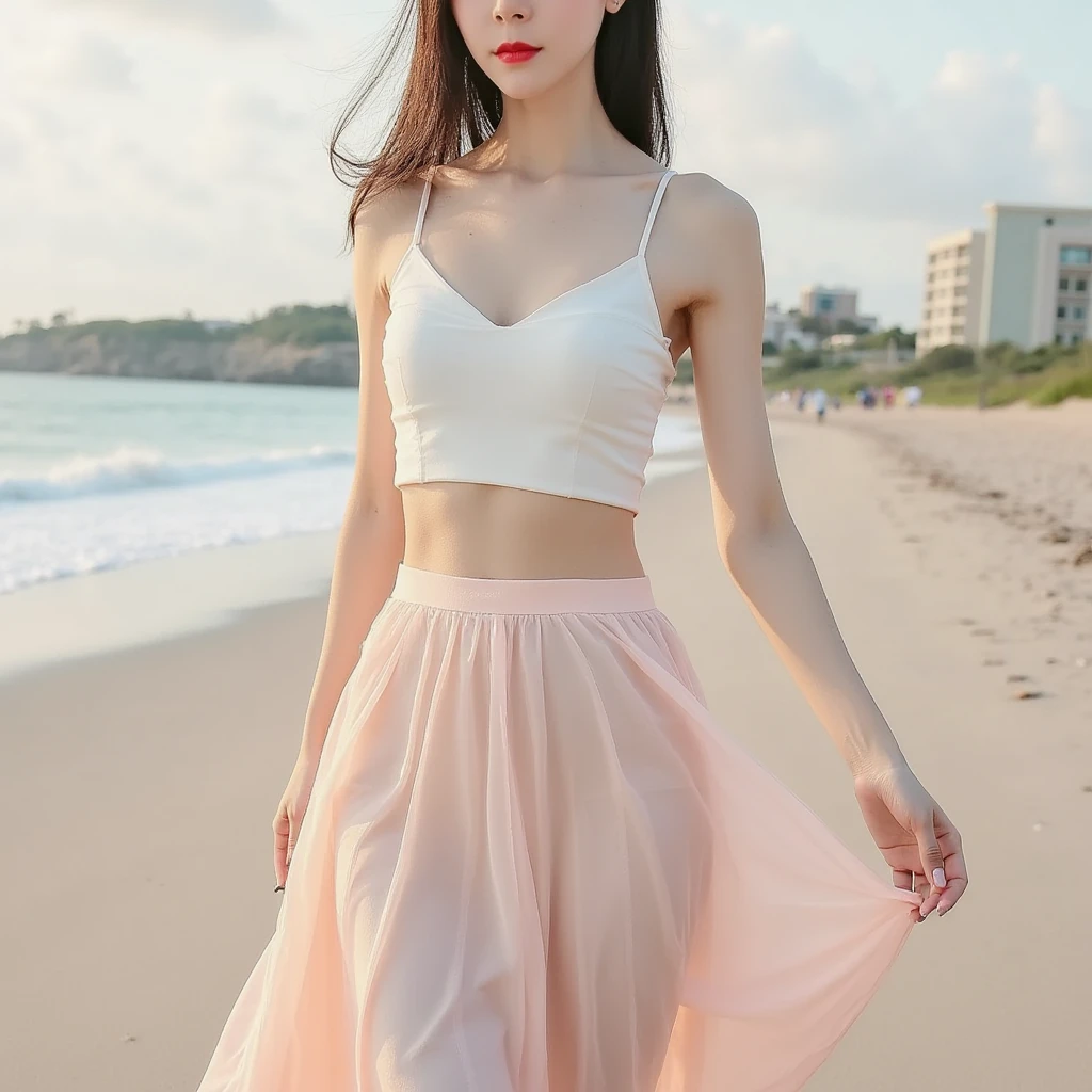 beautiful korean girl, Chest size 34 inches, Wear sleeveless, light skirt, sunset beach red light. beautiful pretty woman look , wearing a light skirt , Go far into the sea water and dip your toes., Short medium hair blowing in the wind, 1 woman, beautiful eyes, a little smile, Full body photo from a distance with a wide angle lens