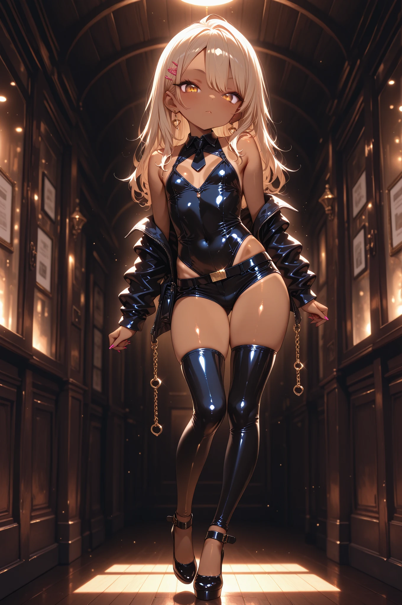 1 female ((best quality)), ((Masterpiece)), (details), open shoulder sweater, star, , KDA LOL , Gold leather leotard , Tight shorts , Dress showing waist , high-heels , Gold Jewelry , Full Body , black stockings , long hair