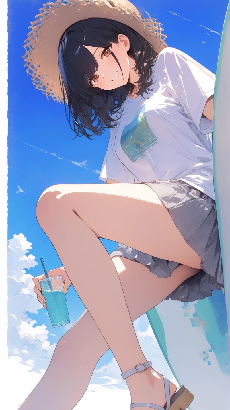 Oriental beautiful girl，sideways，Looking over the shoulder，White transparent real-life painting，Colorful water splash rendering，Facial texture is clear，Dark blue baseball cap worn backwards，loose white shirt，Blue distressed denim shorts，sunglasses，White sand background，messy strokes，holding a cup of coffee in hand