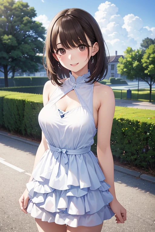 anegasaki nene、Shiny栗色の髪, short hair, (Beautiful brown eyes、Sparkling eyes, Fine grain)、smile、Ultra-detailed eyes、Very detailed顔, Very detailed目,
(masterpiece))), (((Highest quality))), ((Very detailed)), ((Formal Dresses))), (Pleated skirt), Very delicate look, Delicate eye depiction, erotic,
only sexy woman, ((Cute and gentle face)), Healthy body shape, ((25-year-old woman)), Medium firmness and swaying bust, (short hair), , blush, Sweat,Embarrassing,sexy, ((Thin thighs)), (Camel Toe:0.5), (Nipples are visible:0.8), (Erect nipples,:0.9), Shiny, Facing directly at the viewer, smile, (Are standing), Cowboy Shot, ((Arms at your sides)), Large parks, Daytime, bright, On the grass, (((Pop-color outfit))), Three-color outfit, Holographic Fabric,