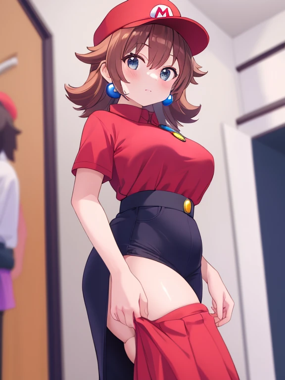 ((Girl having intense vaginal sex with man:1.1)), One girl, 22 years old, May Pokemon, red bandana, Brown Hair, short hair, Blue eyes, Big Breasts, Chest cleavage, Bounce, Thighs, indoor, 32K,Super detailed,Ultra-detailed, {{A Pokémon trainer commands Ditto to transform into an adult May.}}, The perfect Mei, Red clothes,Navy blue leggings under a short white skirt, Mei's outfit, whole body, , {{Metamon transforms into Mei and has super intense vaginal sex with a man}}, NSFW