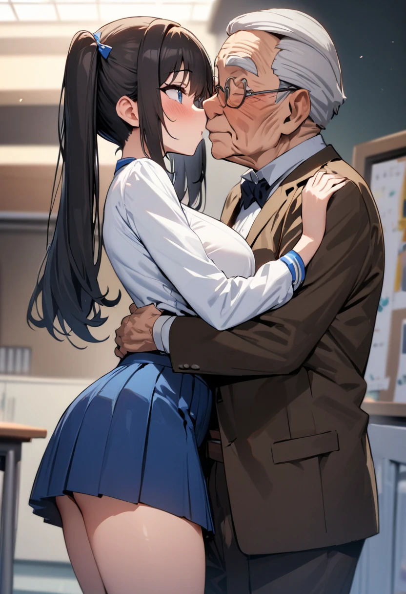 NSFW, (Masterpiece, Best quality, photograph realistic:1.4), (Shiny skin), (hyper HD, 8K wallpaper, high resolution), Perfect anatomy, Having sex, cock inside pussy is very visible, impregnated, penetrating, sex, Cinematic lighting, Physically-based rendering, Award-winning, Extremely detailed skin, extra detailed face, Eyes with beautiful details, Carl Zeiss 85 mm F/1.4, Break, (((1man 1girl, Having sex:1.3))), (upright straddle, Face to face:1.5), On the floor, Break, Very cute 16 year old schoolgirl, (Brown wavy semi-long hair and bangs), mediuml breasts，, (Wet white school shirt unbuttoned, Navy pleated skirt lift, black knee high socks, Loafer shoes:1.3), (1girll: nase, Blush mischievously, Drooling, Almost closed his eyes:1.1), (1人: A handsome (old man), Wearing a recruit uniform and (He grabbed the girl's breasts) Without expression:1.3), Break, (In the midnight classroom, Moonlight), Look straight ahead, View from below,NSFW