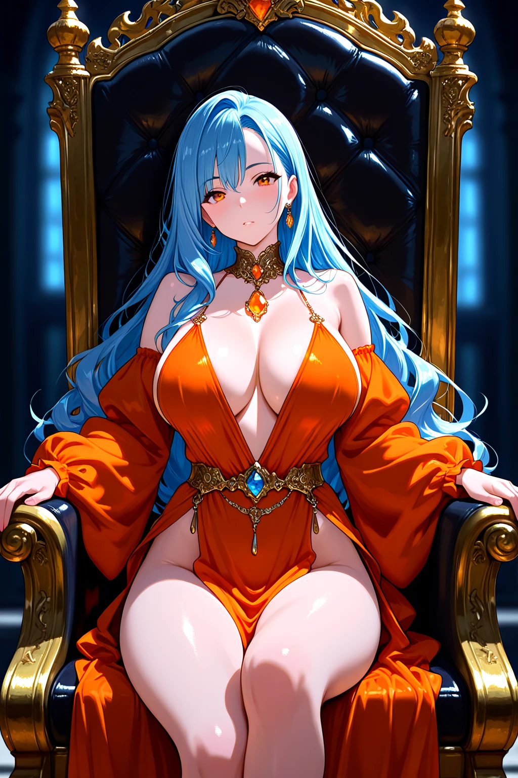 there is a woman sitting on a chair in a silver dress, elegant glamourous cosplay, glamourous cosplay, draped in shiny gold and silver, Anime girl cosplay, Gorgeous Role Play, on her throne, draped in shiny golden oil, sitting in a gilded throne, cyberpunk angry gorgeous goddess, artgerm moody photography, seductive anime girls, captured on canon eos r 6, large tits ,Japan goddess