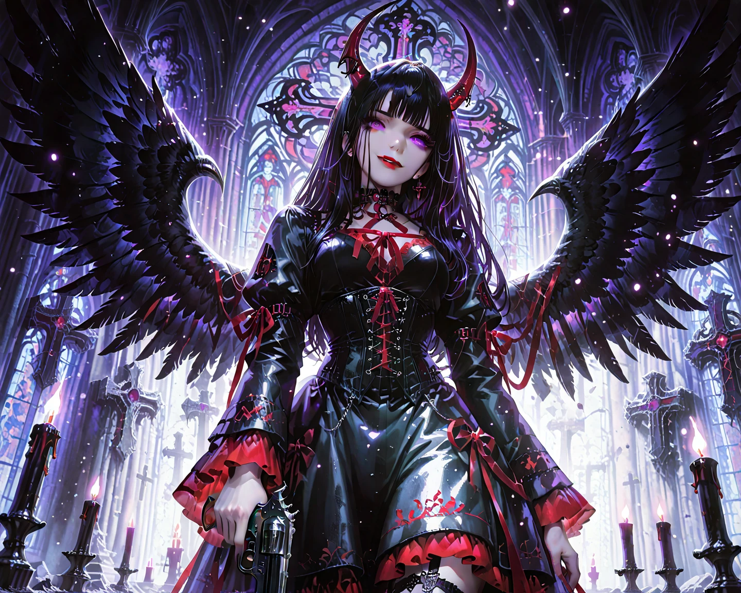 (Highest quality,4K,High resolution,masterpiece:1.2),Very detailed,Realistic:1.37,masterpiece, Highest quality, Exquisitely crafted, woman, beautiful, elegant, smile, Blood, iridescent Long Hair, bangs, skirt, shirt, Long sleeve, Frills, shoes, (Red and Black:1.4), flower, Spooky, Horror, 頭蓋Bones, Long Hair, Black Hair, Candles, Blood, hair flower, The dead, hair ornaments, Bone, doll, 頭蓋Bone, skeleton, Horror (theme),Spooky altar background,Dark fantasy,Red color scheme,Ominous atmosphere,Eye-catching,Storytelling,anatomy,Anime Style,Concept Art,beautiful細部までこだわった顔と (((Red eyes ))),Terrifying Ritual ,Satanic Ritual,Untimely Death,Unjust act,クレイジーなsmile,Scythe Face,Girl Monster, beautiful, Delicate facial features, Sharp Eye, Sharp Fangs, Pale skin, Blonde,robot,Cursed Painting, Dark Background, Cinema Lighting, Dramatic Shadows, Gothic style, Gloomy atmosphere, Dark fantasy, One Girl, , Please open your mouth wide, Open your mouth and baring your teeth,Sharp teeth like a beast, Wide lips, very wide mouth, Vermilion cheeks, ,(Bloodしぶき:1.4),Scary smile, laugh at,Fallen angel design, ねじれたsmile、Bloodまみれの、頭からの出Blood,、Bloodしぶき、,(Bloodしぶき:1.4),Crossbones, 頭蓋Bone,Horrorスタイル, ((Fantasy Fallen Angel Costume)), ((流れるようなBlack Hair)), ,(Bloodしぶき:1.4),womanの曲線, Sexy flat stomach, Perfect hands, Perfect anime face, ((White Lolita Dress)), Are standing, ((邪悪なsmile)), ,(Bloodしぶき:1.4), Steam circulates, Moonlight Illumination, night lighting, disaster々new devil horns,,(Bloodしぶき:1.6),アニメFallen angel design, ねじれたsmile、Bloodまみれの、頭からの出Blood,、Bloodしぶき、,(Bloodしぶき:1.4),Crossbones, 頭蓋Bone,Gothic architecture、Western architecture、Fantasy World、,Victorian cities, 骸Boneのガス灯,