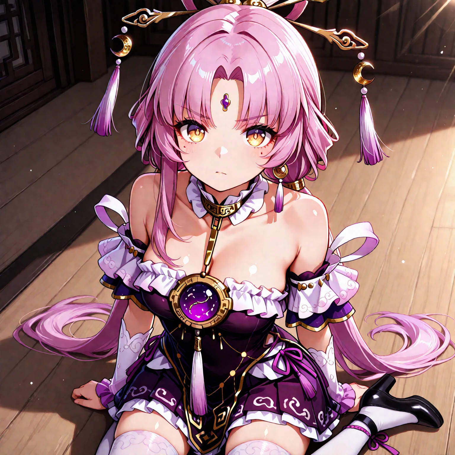 hyper extreme detailed,(masterpeace),(hyper extreme),(photorealistic),CG,(colour:1.2), beautiful lighting,light from the front,indoor,church,standing,looking at viewer,<lora:rikka_ryosya:0.9>,rikka_ryosya,pink_hair,short_hair,double_bun,hair_ornament,green_eyes,sideburns,detached_sleeves,side_slit,pink dress,china_dress,large_breasts,white_legwear,high_heels,