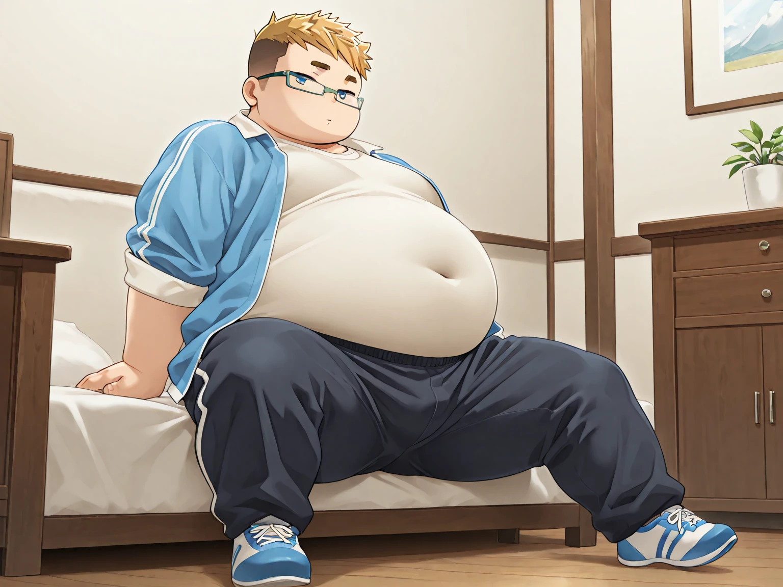a smiling obese old man, chubby, big fat, detailed realistic portrait, 8k high resolution, sumo physique, side view, perfect center, full view, realistic skin texture, wrinkled face, short hair, jovial expression, huge belly, fat, wearing shorts, high detail, masterpiece, (best quality,4k,8k,highres,masterpiece:1.2),ultra-detailed