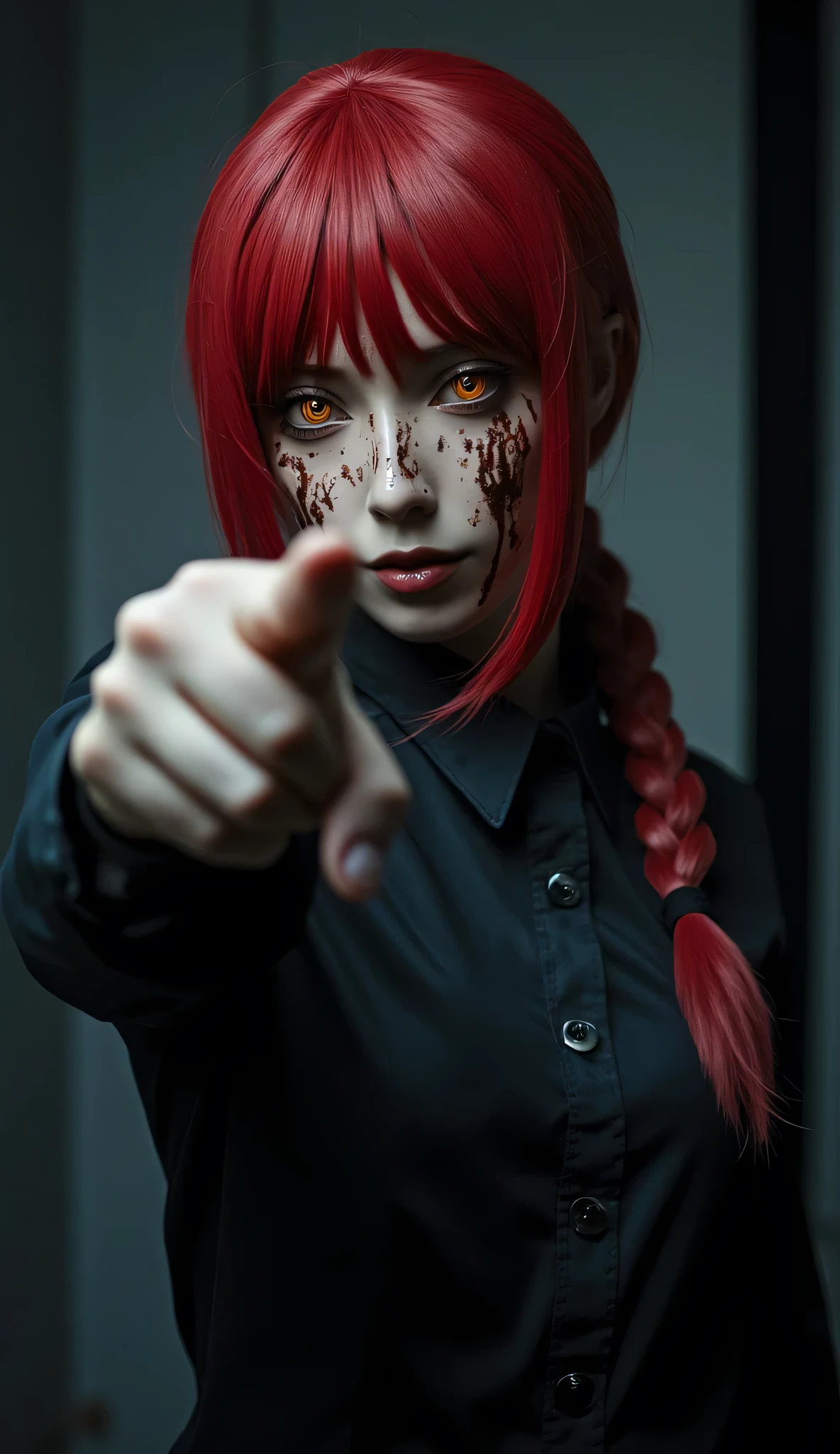 masterpiece,(( full body)), long shoot, best quality, good quality, newest, makima \(chainsaw man\), very aesthetic, backlighting, cinematic, spot color, dark, horror, blood on hands , head tilt, crazy eyes, orange eyes, ringed eyes, red hair, braided ponytail, finger point at the viewer , pursed lips, glowing eyes, scratchy artstyle, (eye trail:1.2), looking over shoulder, indoors, night, dim lighting, back lighting,