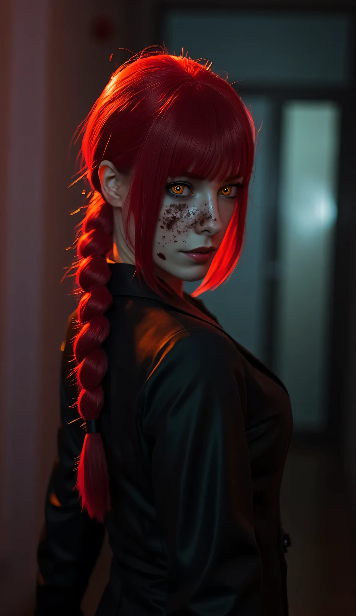 masterpiece,(( full body)), long shoot, best quality, good quality, newest, makima \(chainsaw man\), very aesthetic, backlighting, cinematic, spot color, dark, horror, blood on hands , head tilt, crazy eyes, orange eyes, ringed eyes, red hair, braided ponytail, evil smile , pursed lips, glowing eyes, scratchy artstyle, (eye trail:1.2), looking over shoulder, indoors, night, dim lighting, back lighting,