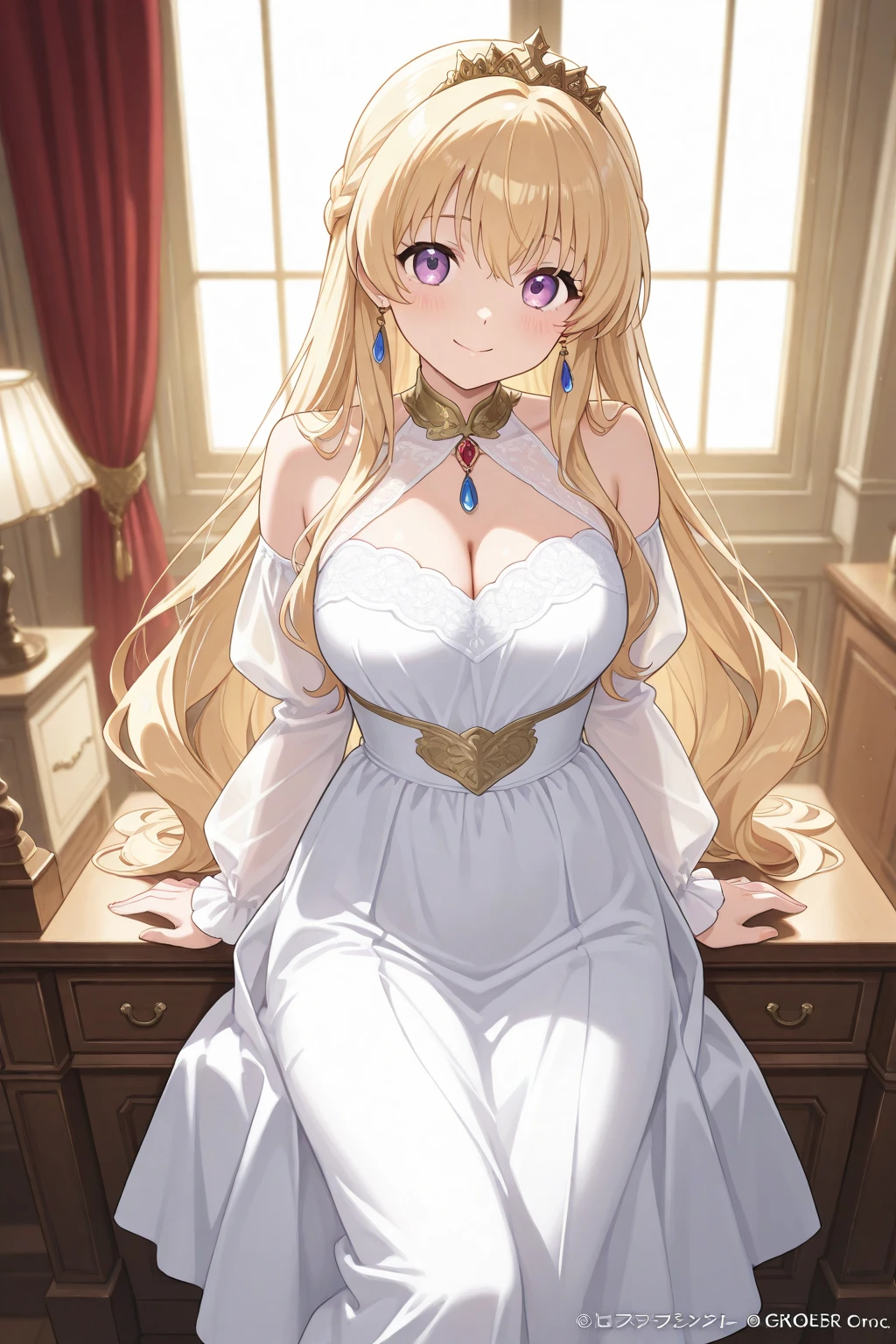 slender, mature female, jewelry, 1girl, breasts, rating:safe, earrings, long_hair, purple_eyes, dress, solo, blonde_hair, cleavage, large_breasts, sitting, looking_at_viewer, white_dress, smile, bangs, very_long_hair, bracelet, bare_shoulders, blush, veil, necklace, indoors, collarbone, day, eyebrows_visible_through_hair, gem, throne, choker, thighs, window, closed_mouth, sapphire_(gemstone), gold, hand_up, knees_up, sidelocks, bangle, sleeveless, pillar, sleeveless_dress, pendant