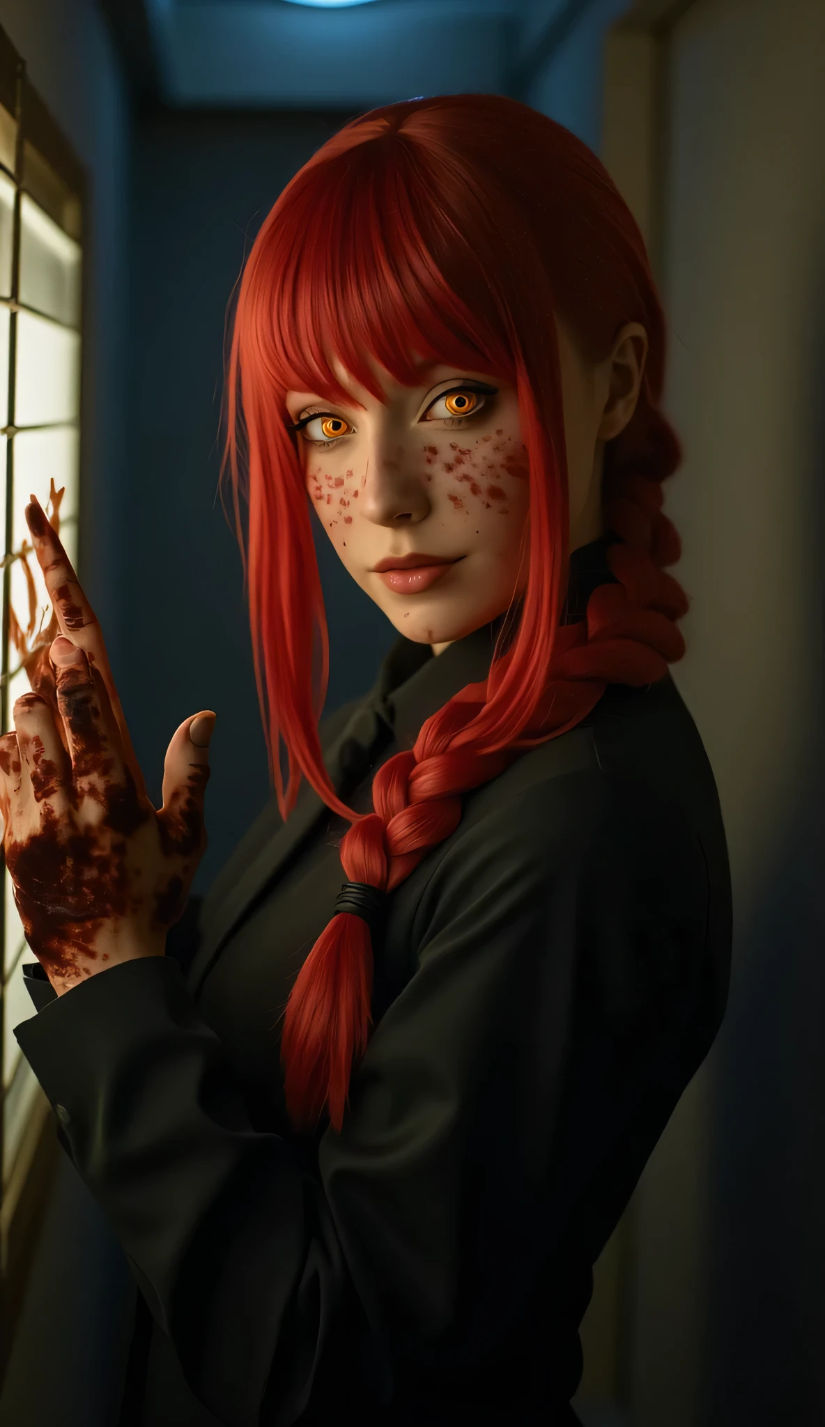 masterpiece,(( full body)), long shoot, best quality, good quality, newest, makima \(chainsaw man\), very aesthetic, backlighting, cinematic, spot color, dark, horror, blood on hands , head tilt, crazy eyes, orange eyes, ringed eyes, red hair, braided ponytail, evil smile , pursed lips, glowing eyes, scratchy artstyle, (eye trail:1.2), looking over shoulder, indoors, night, dim lighting, back lighting,