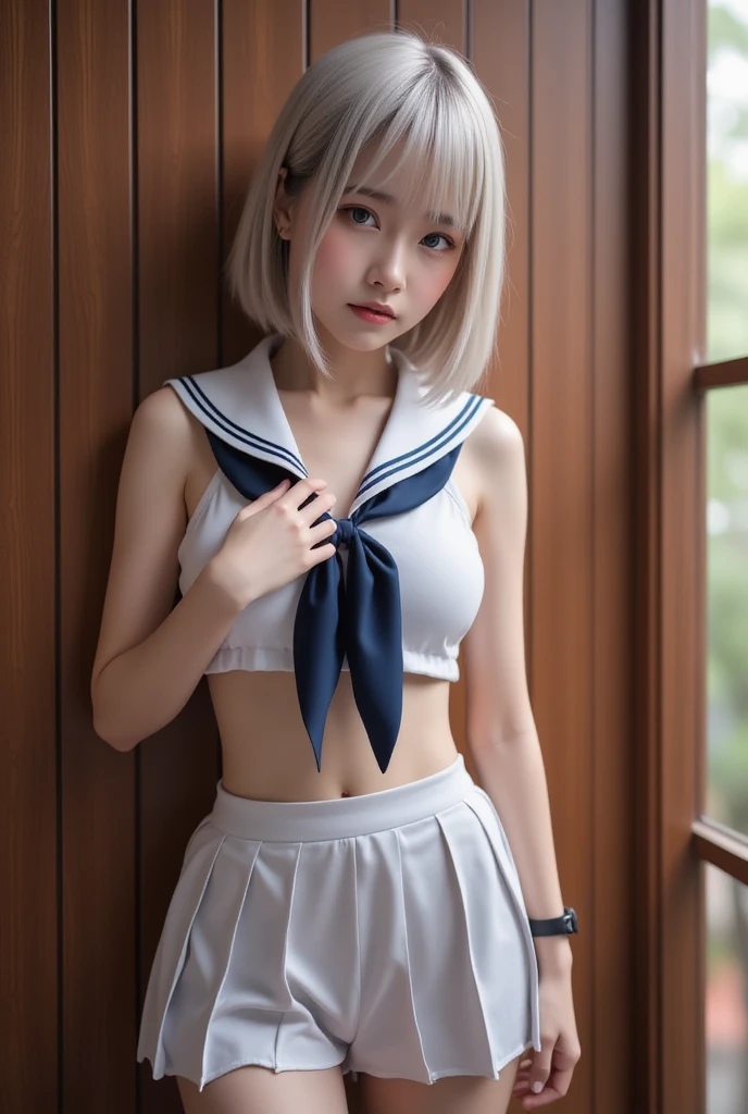 1girl, idol, close-up,photo, film, depth of field, model, looking at viewer,realistic,(((NSFW))),1 girl,cute,(((no sleeves))),flat chest,small breasts,mini T shirt,bare chest,(((exposed chest))),bare ribs,full body,blonde hair,cute,slender,thin body,bare stomach,(((no bra))),visible underarms,T shirt,skirt,(((visible lower abdomens))),(((nipple slip))),(((((visible mons pubic))))),(((serafuku))),sailor collar,skirt,(((low rise skirt))),underboob,standing,bare navel,slender,(((thin body))),skiny,school uniform,(((low rise))),