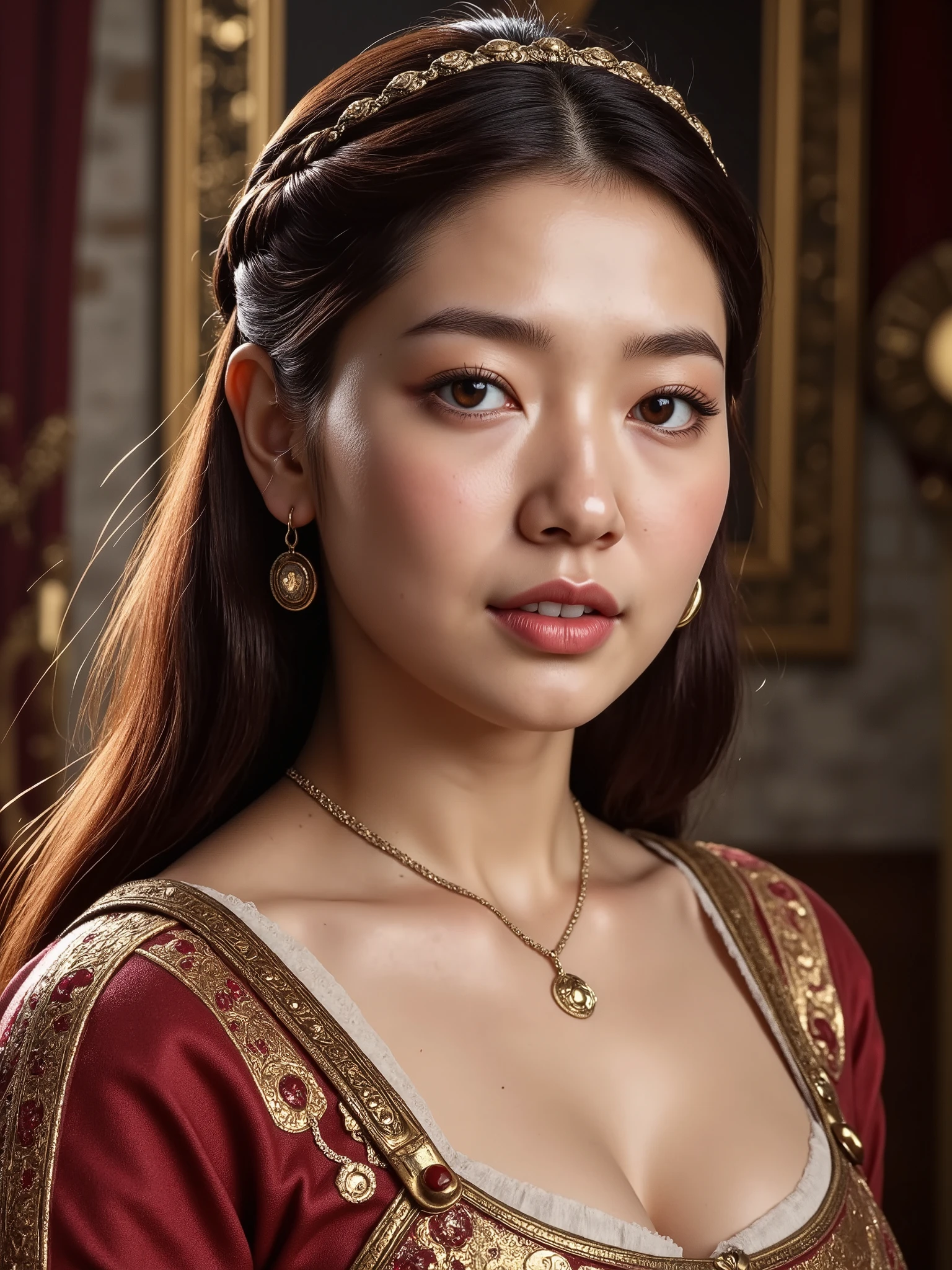 masterpiece, ultra detailed, photorealistic, best quality
beautiful medieval noblewoman portrait, Game of Thrones inspired: Character Features:
- striking feminine beauty
- perfect facial symmetry
- enchanting eyes with depth
- defined cheekbones
- naturally flushed lips
- flawless skin texture
- subtle freckles
- long flowing hair
- gentle facial expression
- aristocratic features
- elegant neck line
- graceful pose
- natural makeup look
- captivating gaze Refined Medieval Attire:
- elegant fitted bodice
- tasteful neckline
- intricate corset details
- flowing silk fabric
- delicate shoulder design
- detailed fabric texture
- house sigil embroidery
- gold thread accents
- feminine silhouette
- proper coverage
- premium materials
- period-accurate style
- subtle revealing elements
- graceful draping Noble Accessories:
- delicate golden jewelry
- family heirloom necklace
- intricate hair styling
- braided crown detail
- precious gem accents
- period-accurate pieces
- house symbol details
- fine metalwork
- elegant hairpins
- subtle adornments Atmospheric Background:
- castle chamber interior
- soft window lighting
- morning sun rays
- detailed stone walls
- rich tapestries
- medieval furnishings
- stained glass elements
- atmospheric dust
- castle architecture
- warm color palette Technical Excellence:
- perfect skin rendering
- ultra sharp details
- cinematic lighting
- shallow depth of field
- professional retouching
- perfect exposure
- dramatic shadows
- color grading
- premium finish
- ethereal atmosphere , ((Korean woman)), (Park Shin Hye)