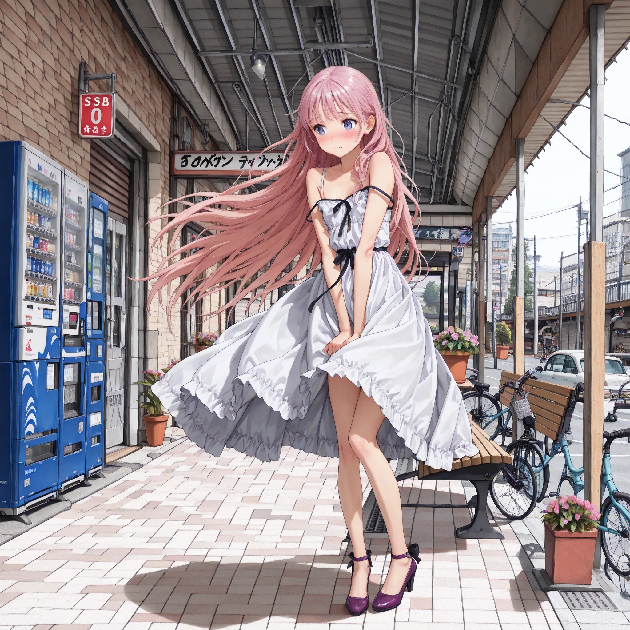 1 Woman, Ahoge, Bangs, Bare Shoulders, Pink Hair, Breasts, Cleavage, Clavicle, Bangs, Big, Grinning, Long Hair, Solo, Twin Tails, Ultra Long Hair, (Glossy Skin), (Best Quality: 1.4), Real, Lower, Skirt, Pink Eyes, Mini Skirt, Big, Big,