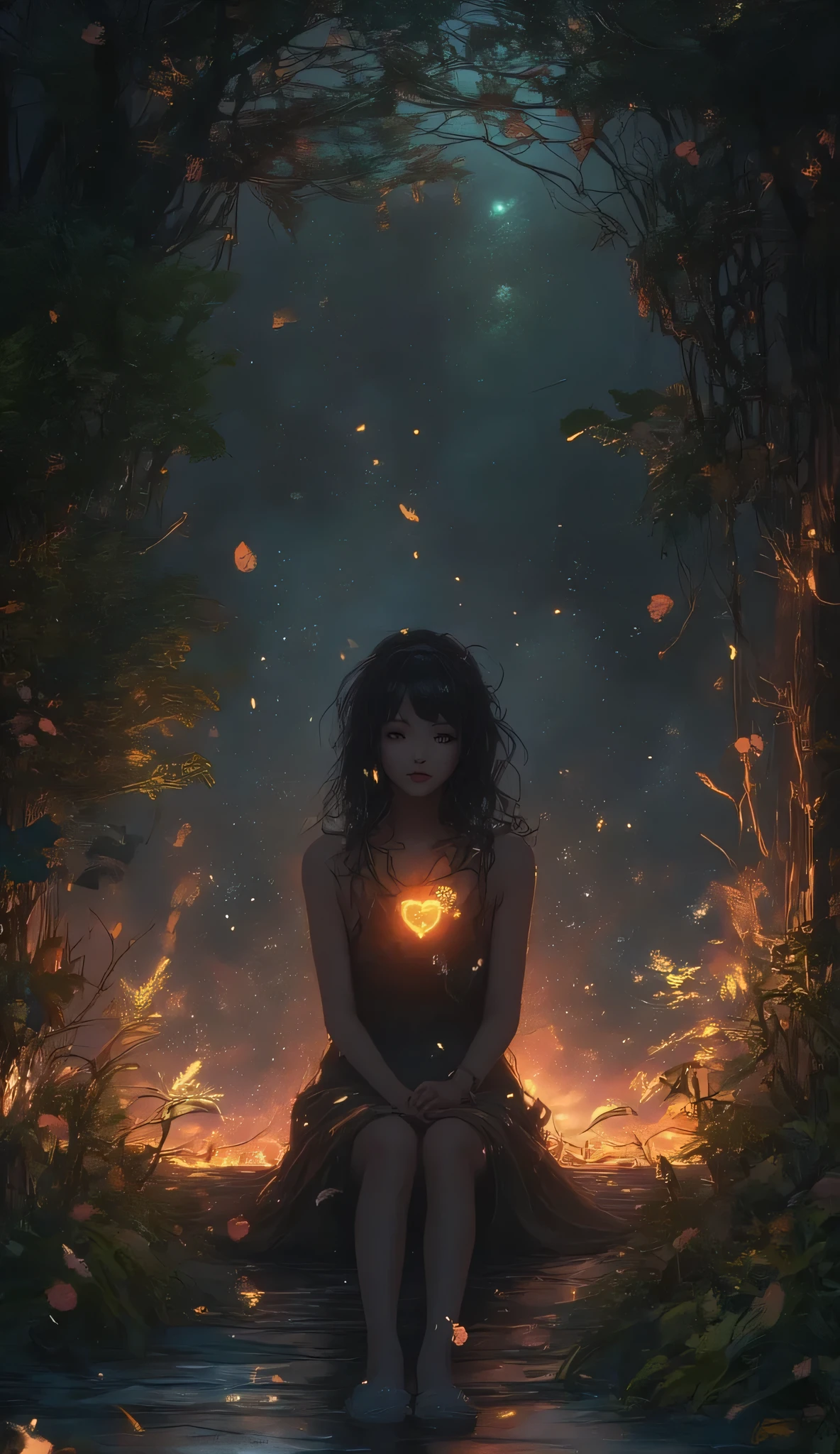 A person sitting in a dark room with a tiny glowing light in their chest or heart area. A soft, warm glow contrasts the shadow. Symbolic, emotional composition. Hope hidden in darkness.