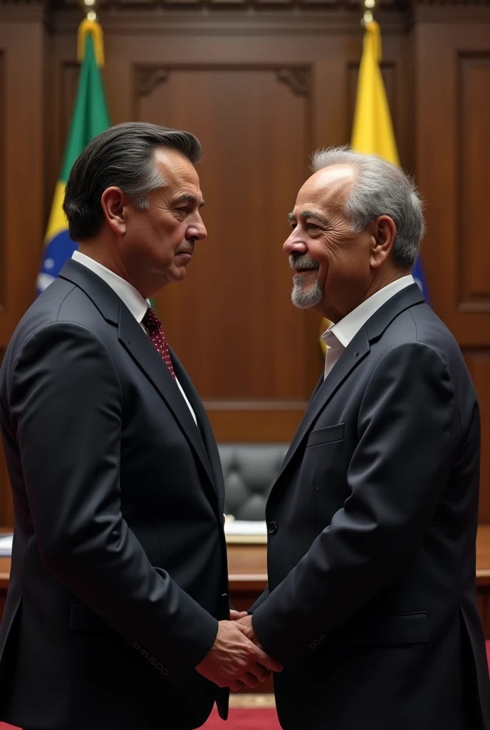 Realistic image of Brazilian President Lula and Alexandre de Moraes cohering behind Bitcoin