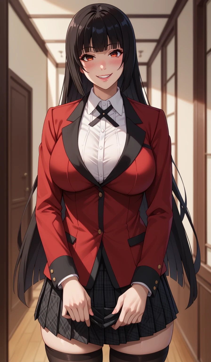 (8K, highest quality, table top:1.4), (intricate details:1.3), (realistic), (super detailed), 1 girl, alone, （married woman、40 generations）、Beautiful woman、mature woman, (Sensual smile:1.35), Front view, (leaning forward:1.2), show cleavage, looking at the viewer, tropical resort, detailed long hair, (fluffy long black hair), fine eyes, hourglass body shape, (Sensual curvy body:1.1), (small breasts), thick thighs, wide hips, small waist、(red uniform)，(sexy sailor suit )，(pleated mini skirt)、realistic lighting, natural soft light, dynamic lighting, red eyes,