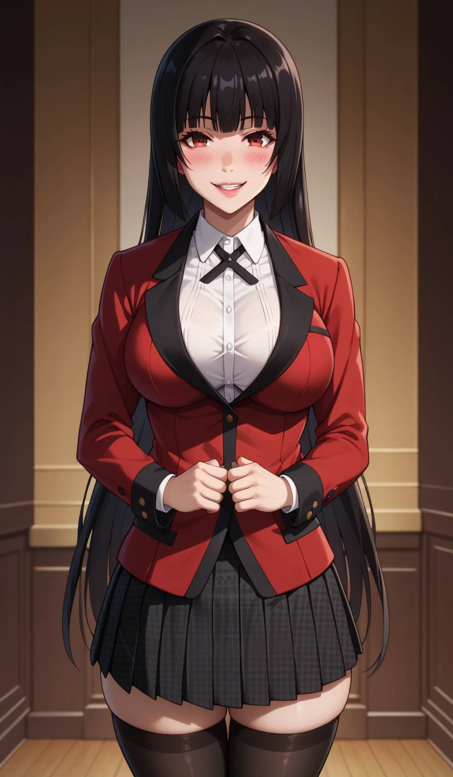 high resolution、masterpiece、1 girl, Jabami Yumeko,hmjy1 long black hair,Red Eyes,blush,Sexy body,((, Red Jacket)), Red blazer，Black trim on cuffs and collar lining, White button-down shirt and black tie, Black and grey plaid mini skirt, Black pantyhose, そして茶colorのローファー. , Cowboy shooting,beautiful体,Perfect eyes, perfect Face,表情豊かな目のmasterpiece:1.0),(Highest_quality:1.0), かわいい笑Face, , beautiful and bright lighting, ,slim and beautiful:1.4, Slim abs, (((Large Breasts)))Breast sagging、Low-cut(((Cleavage )))、(((Wide hips,)))(((Hourglass figure)))((Long legs))
引き締まったwaist, (笑Face:1.2), slender and long beautiful legs,,超high resolution,4k,Super detailed, photo, 8K, HDR, high resolution, Film Grain, lens flare, (Lively_color:1.2), (beautiful_Face:1.5),(narrow_waist), Beautiful visual effects, Highest quality,18 years old、expensive,邪悪な笑Face