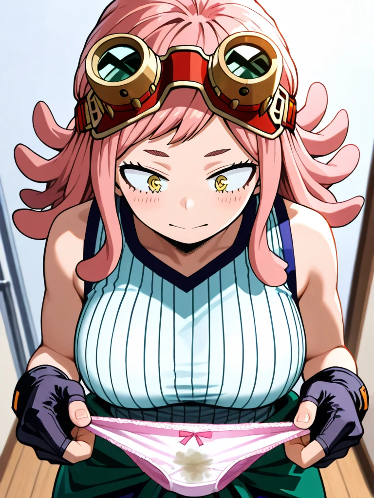 hatsume mei(mha), 1girl solo,pink hair,short hair,goggles on head, TANK TOP,bangs,symbol-shaped pupils, yellow eyes, happy, looking at viewer, Smiling, looking at the viewer, blue theme, blue background, cloudy sky, sunlight, sweat, orgasmic, bikini swimsuit,Bikini, large breasts, cleavage, belly button exposed, collarbone, thighs, sea and beach,