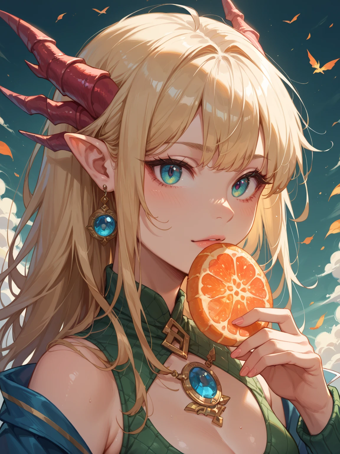 ((young man)), (((one person))), (((single))), (((solo))), (slim body), (((flat chest))), ((pale skin)), (((light blonde hair))), ((pointy ears)), (((very poofy hair))), ((very fluffy hair)), (((wavy hair))), (((very long hair))), ((full hair)), (((dark brown colored eyes))), (((dark brown eyes))), cute face, ((fantasy style)), (((brown choker))), (brown colored choker), (((male))), guy, boy, (((wearing fantasy style clothes))), (((patterns on the clothes))), magic, (((brown colored clothes))), (((brown clothes))), embroidery on clothes, ((small gemstone on the choker)), smiling, (((holding a yellow colored apple)))