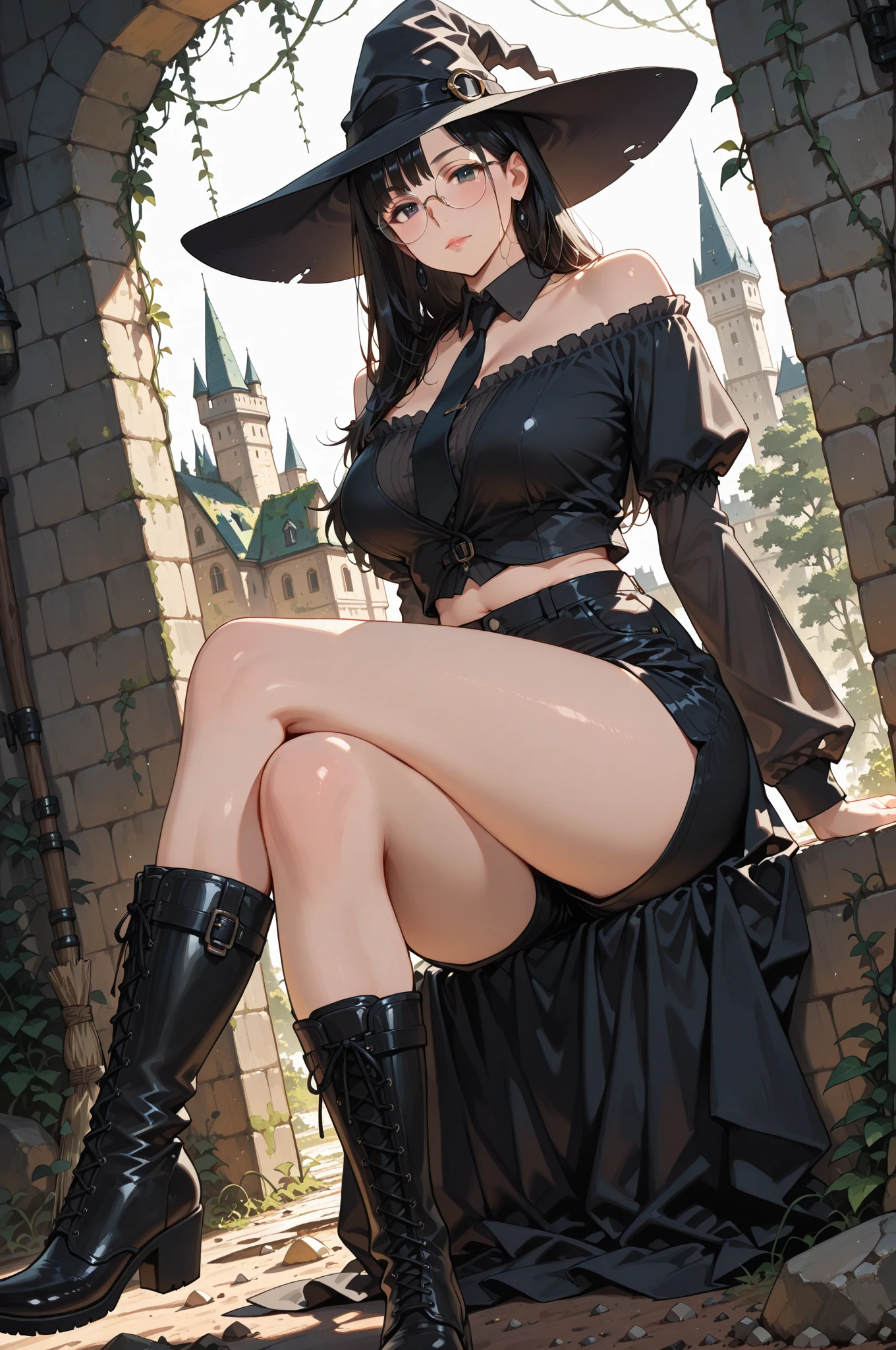 (best quality,4k,8k,highres,masterpiece:1.2),ultra-detailed,(realistic,photorealistic,photo-realistic:1.37),black long dress,big hat,witch clothes,sit on the table