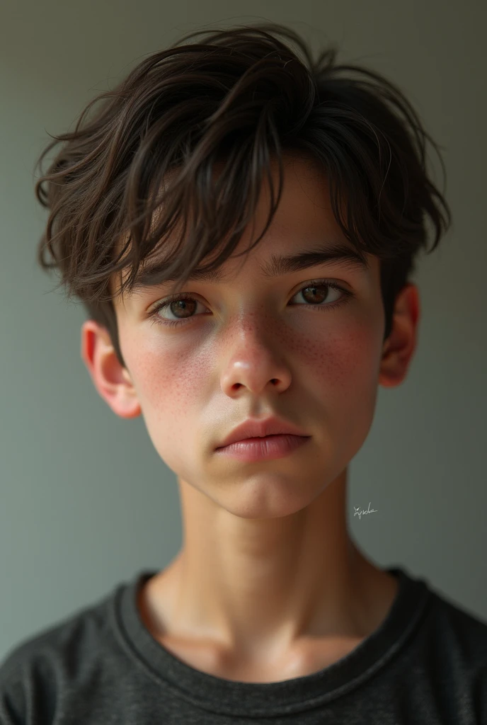 make me a picture of a 17 year old boy with short brown curly hair and blue eyes