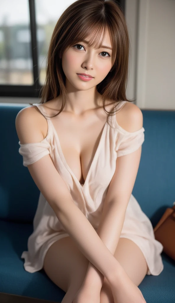Materpieces, perfect skin, perfect face, Summer Glau, sitting a chair, only undershirt, open chest, off shoulders