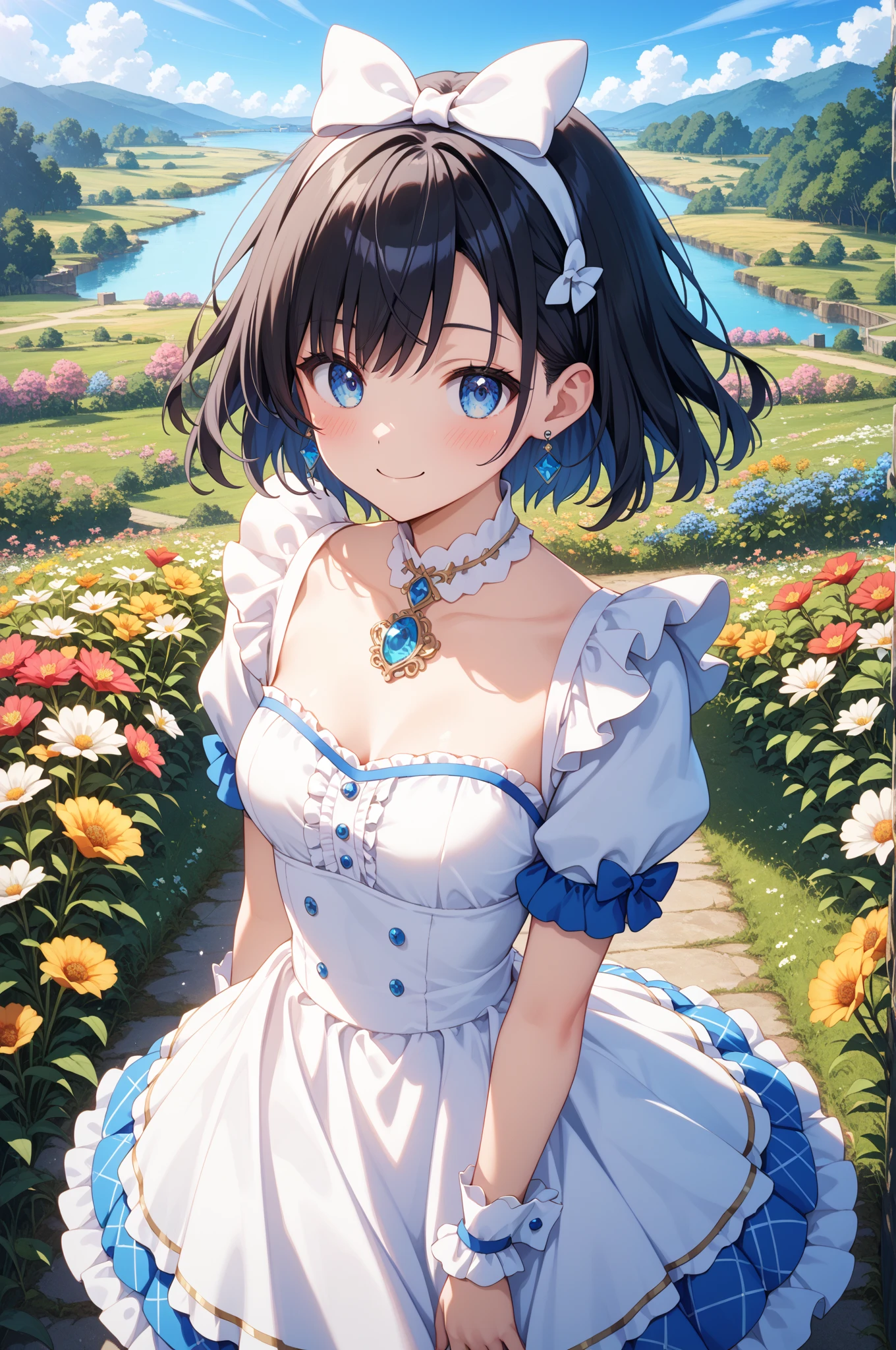 ((Top Quality)), ((Excellent)), (Details), ((Japanese)), Ultra-Realistic, Stunning Environment, Vivid Colors, , Black Hair, (Young Face), ((Straight Hair)), Shiny Hair, Medium Breasts, ((White Maid Outfit)), ((French Maid)), ((White Brim)), ((from_side)) , ((From Above)), ((Blue Eyes)), Half-Smiling, Upper Body, Shiny Hair, Blunt Bangs, ((Medium Breasts)), ((Leaning Forward)), ((Blue Eyes)), Masterpiece, Ultra-Realistic, ((Upper Body)), Outdoors, Grassland, Flower Field, Natural Light, Vivid Colors,