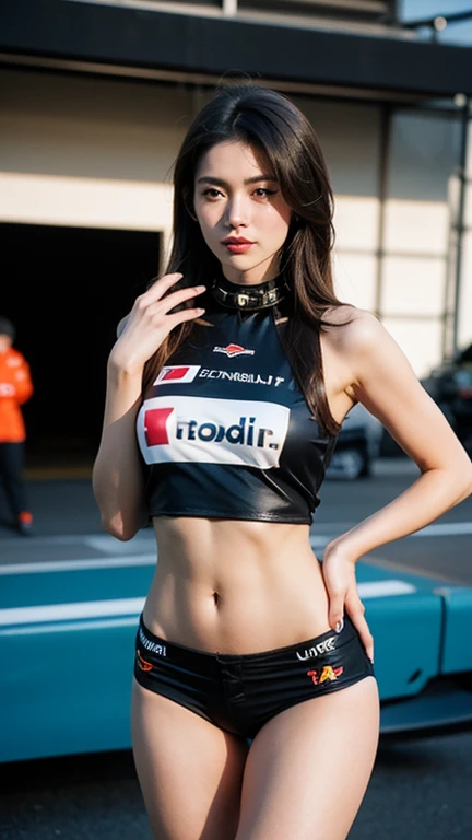 masterpiece:1.3), Super detailed, Ultra-high resolution, (Realistic, photo Realistic:1.37), High-definition RAW color photos, Professional photos, ((Hyperrealism)), (Depth of written boundary), Full Sharp:1.2, (1 European girl, Hot Model, 18-year-old), With a perfect body, Very beautiful face and eyes, ((Heavy makeup, [[Pink lipstick]], eyeliner)), (Perfect proportions), (Anatomically correct), ((Displaying the viewer)), ((Super high quality natural hair)), (((black、white (((Side-combed hair))), Woman in a cheerleader outfit, ((Raise the checkered flag, blackとwhiteのチェック柄:1.4)), photo shoot, Race Car, (Lace style:1.1), ((Raising the Flag, Only one number, Go-go dancer, Flare, 3 4 5 3 1 , pinned down, pinned down:1.4)), (Big ample breasts:1.1)), (Tight waist:1.2), Moderate ASS, ((肌をwhiteくする, Slim face)), Beautiful cheekbones, Slim Belly: 1.2, (Very slim, Muscular body:1.1), ((Highly detailed face)), Attention to detail, double eyelid, (erotic:1.3), Satisfied smile, Gorgeous appearance, Stunning appearance, ((Cowboy Shot)), (Dynamic pose: 1.4), Race track in the background