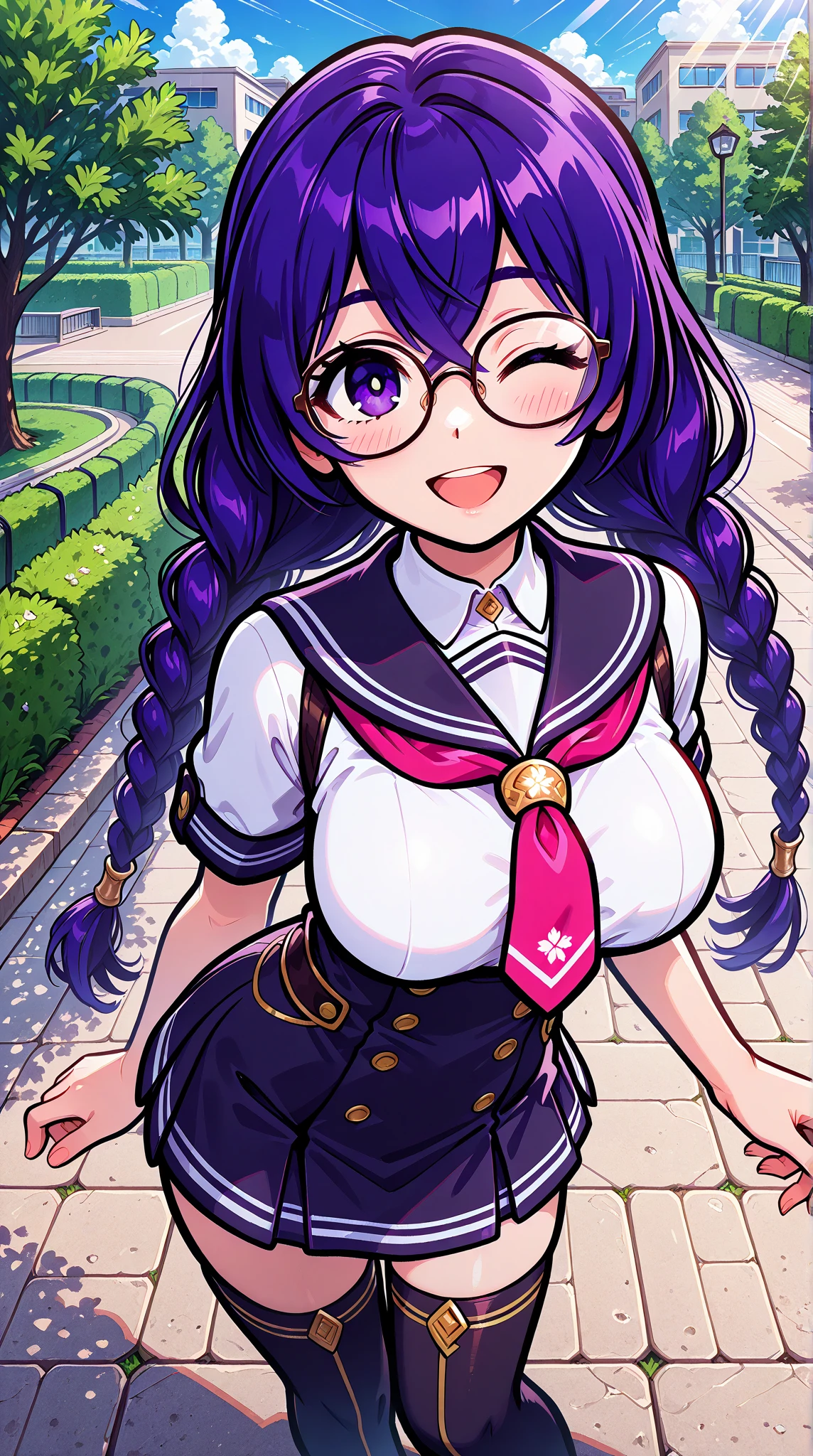 1 chica, Kubonagisa, ojos morados, cabello purpura, pelo largo, uniforme escolar,  falda negra, Serafuku rojo, Sonrisa, de pie, mountain, river  , Sign of peace, orejas de conejo , adulta , medias , pie mojado, piel clara , bunyduit ,color correcto, piel blanca , mejor calidad , lineas claras , showing pussy , agujero en el traje