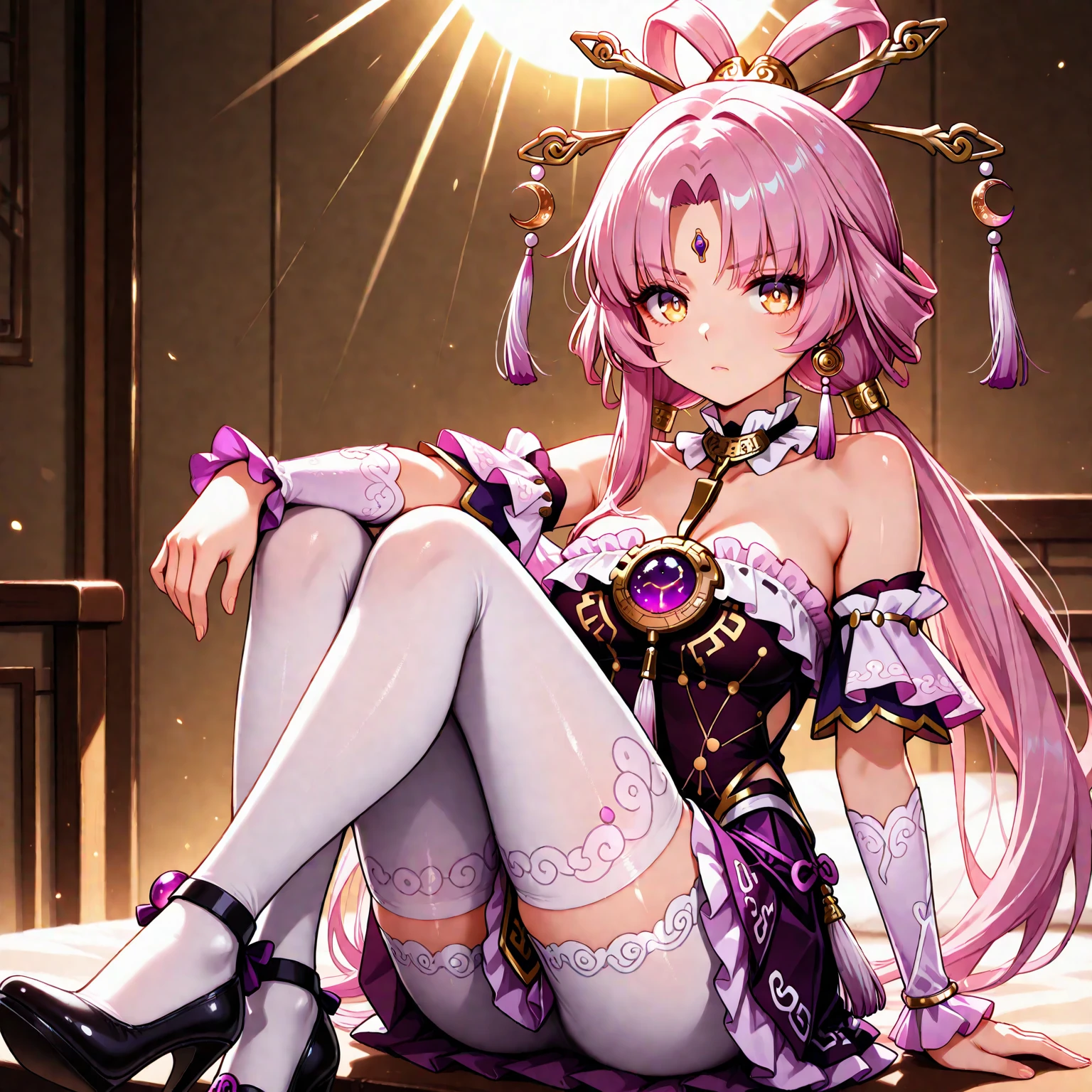 masterpiece, highest quality:1.2), One woman, alone, fu xuan , fu xuan\(honkai starrail\), ,Shiny skin,、Very thick legs、Long legs、Bare legs、Put your hands behind your head、マイクロbikini、Erotic squatting、 bikini