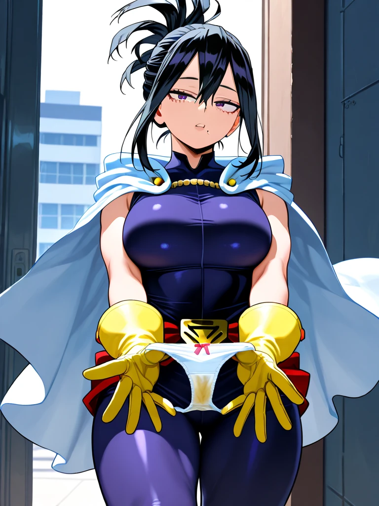 arms up,bottomless,lying on back,spread legs,pubic hair,vagina,muscular,topless,show off nipples,mole under mouth,(masterpiece, best quality:1.4), cinematic light, colorful, high contrast, (1girl), NanaShimura, boku no hero academia,  yellow gloves, black hair, white cape, huge breasts, blue eyes, sleeveless, bodysuit, hair between eyes, belt