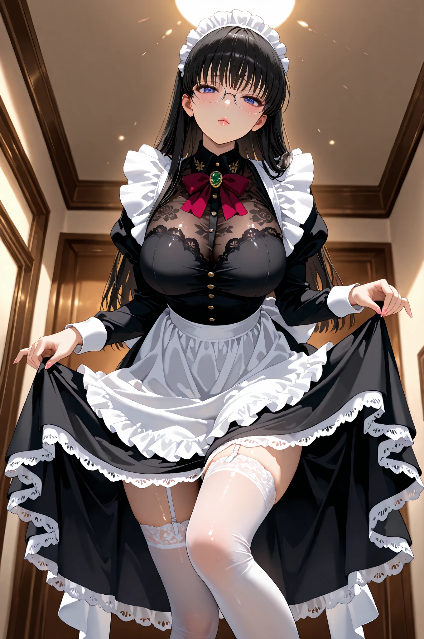 full shot photo shot of the most beautiful artwork in the world featuring japanese maid, lifting maid black skirt, (((showing white lace lingerie))). ((panties)), garterbelt, stockings, cute, angry face, short blonde hair, blue eyes