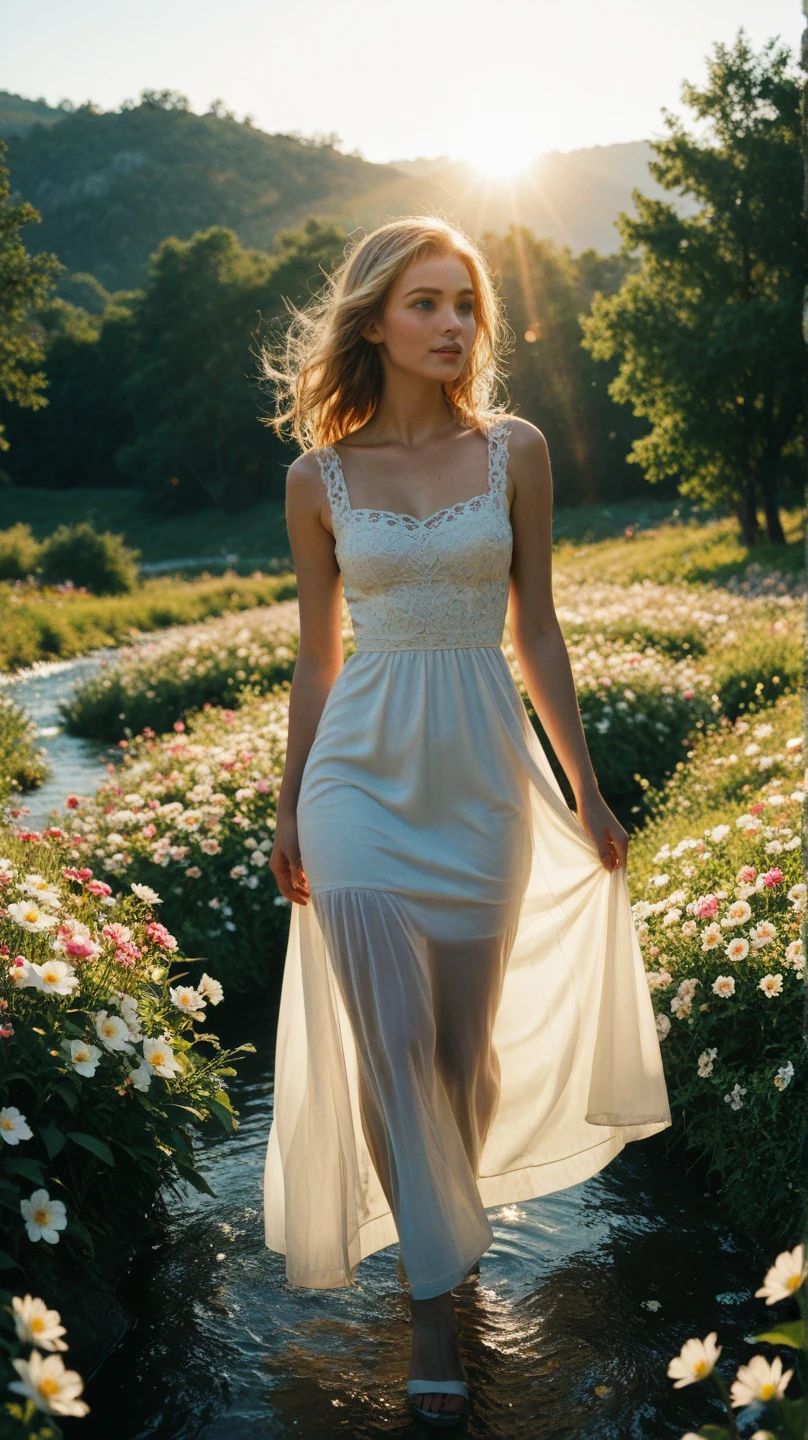 A woman with very long blonde hair is standing in a magnificent field containing of turqouis diamond roses