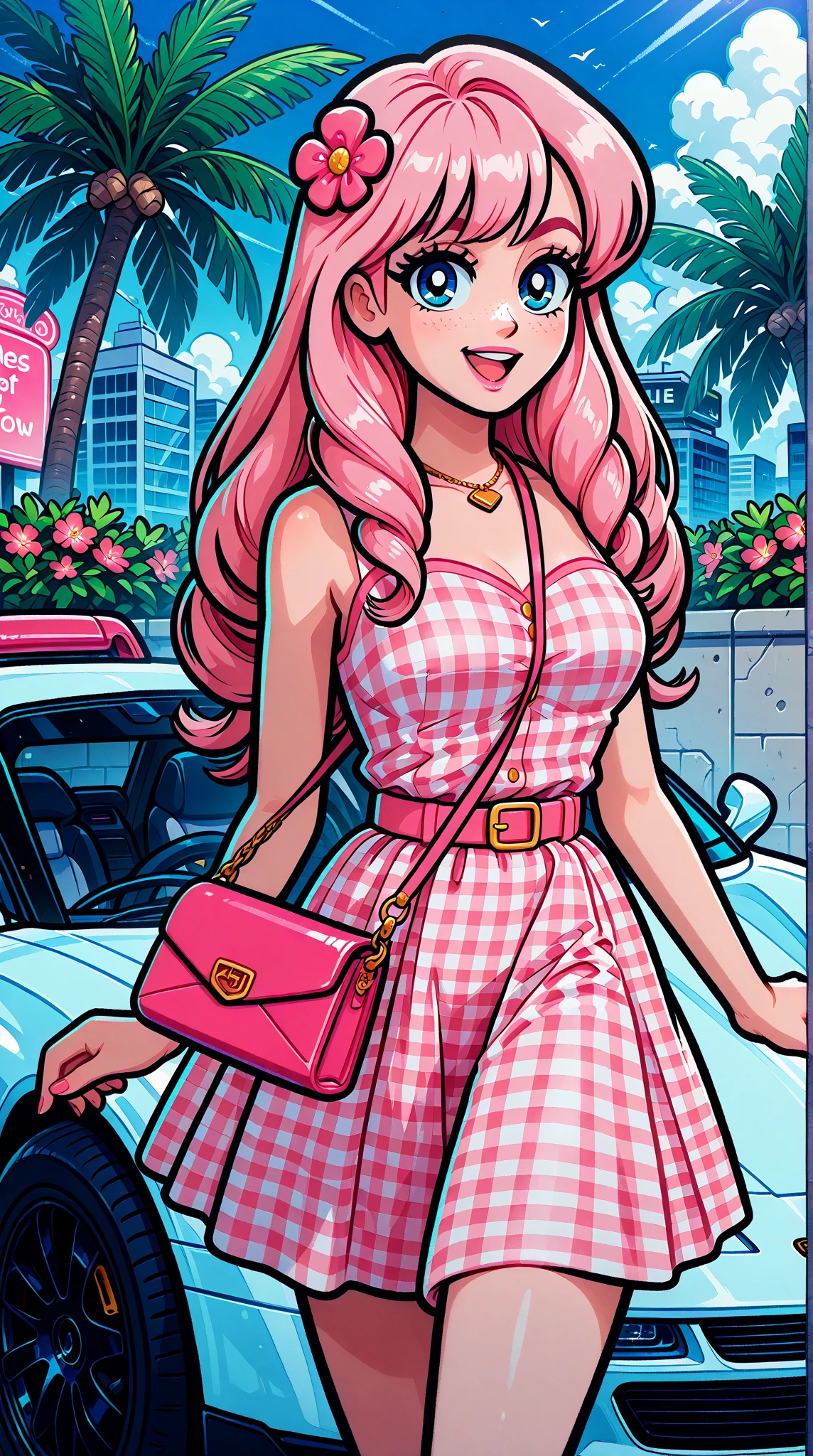 Adult rock star mermaid in cartoon, While shopping for Hello Kitty items she sits inside a supermarket cart in a clothing store
